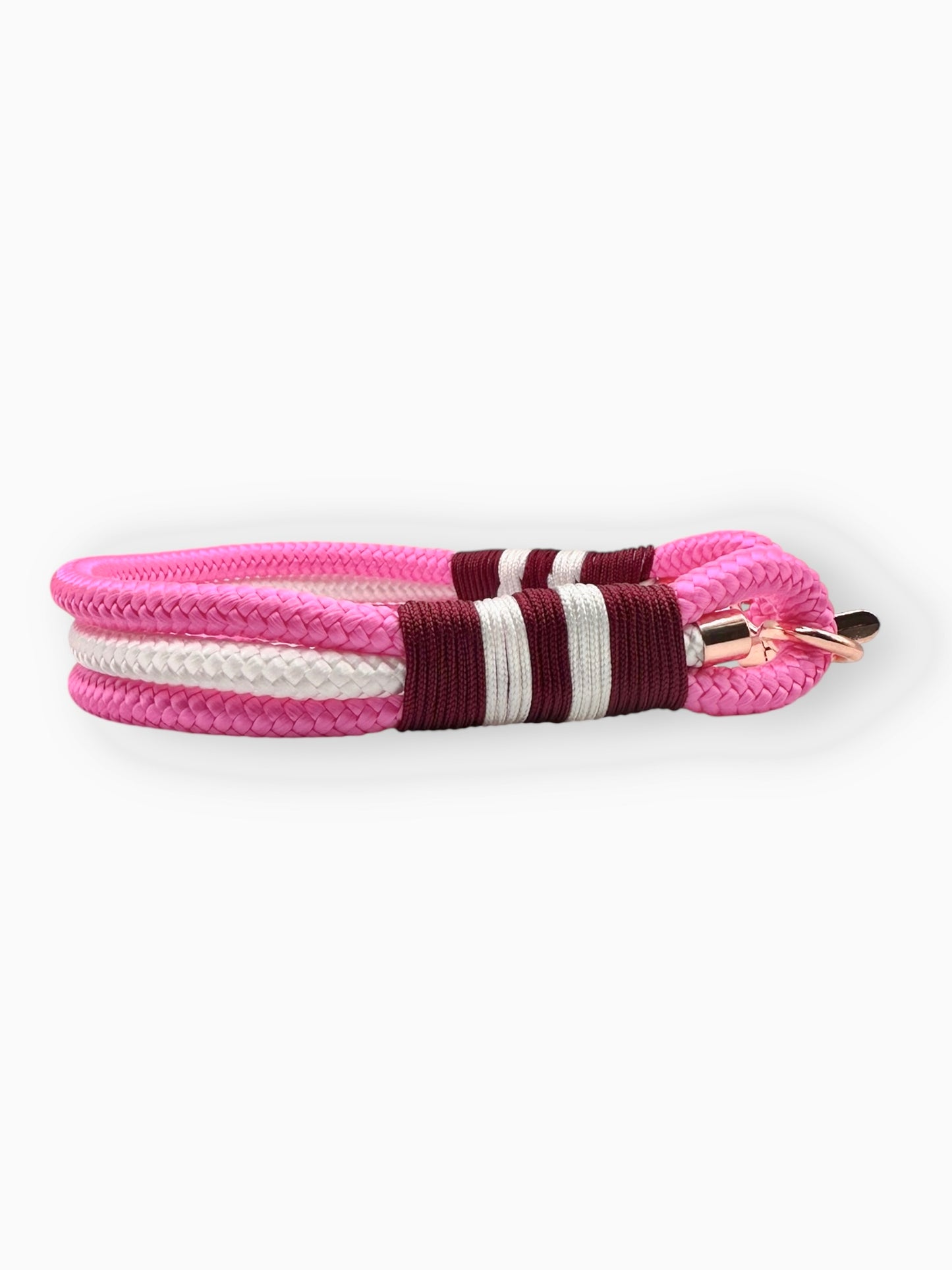 Hundehalsband aus Tau in Neon rosa, weiß und burgundy rot mit rosé goldenen Karabiner und Ring - Seitenansicht