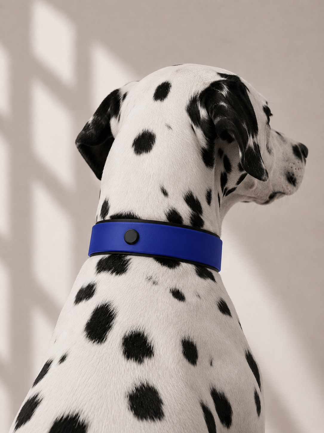 Hundehalsband aus biothane in den Farben dunkelblau und schwarz. Getragen von einem dalmatiner