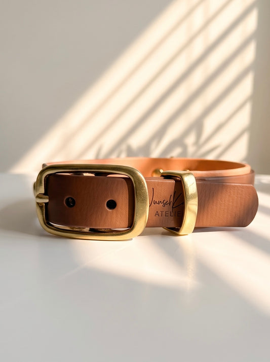 Hundehalsband aus BioThane in den Farben braun und golden copper mit Messing Gold Beschlägen. Handgefertigt und individuell anpassbar 