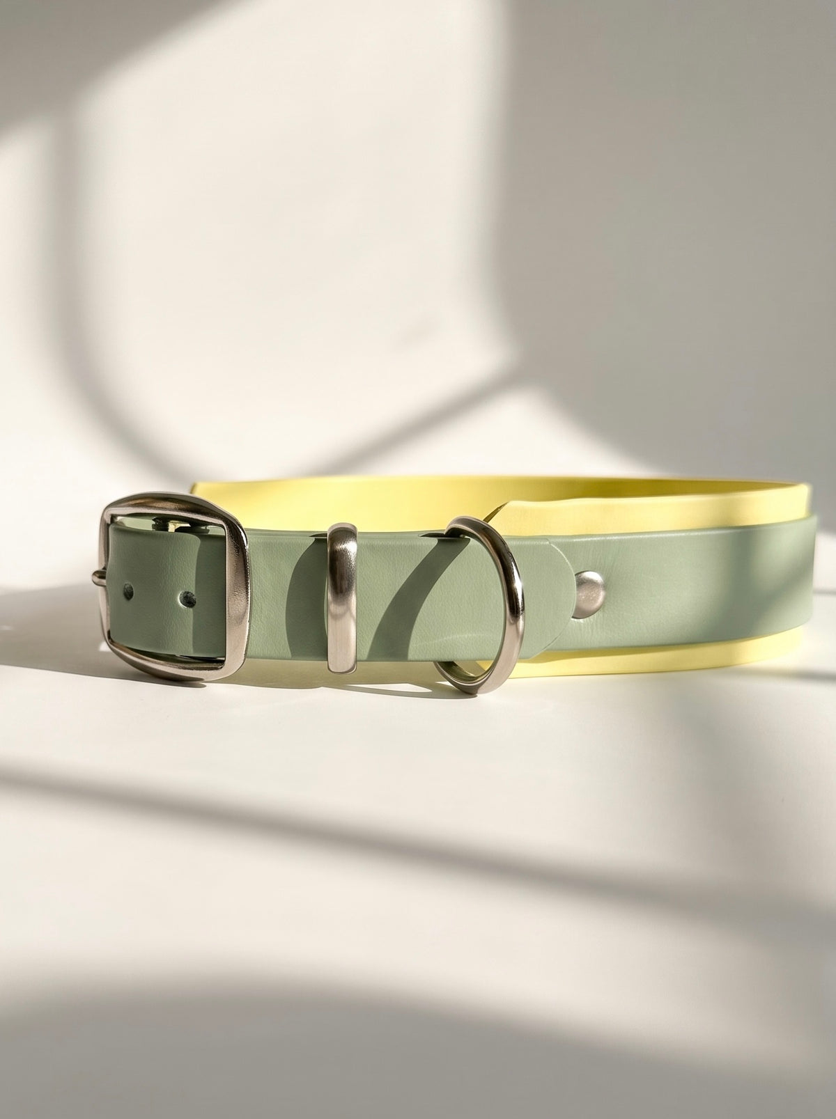 Hundehalsband  aus BioThane in grün und gelb. Handgefertigt und individuell anpassbar. Mit personalisierten Beschlägen. Seitenansicht 