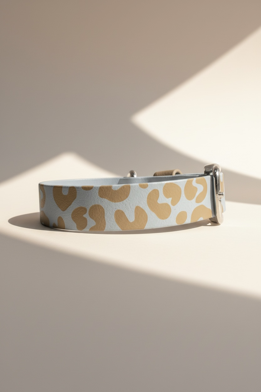 Halsband mit Leo Muster in hellblau und beige aus biothane und silbernen Beschlägen aus Messing 