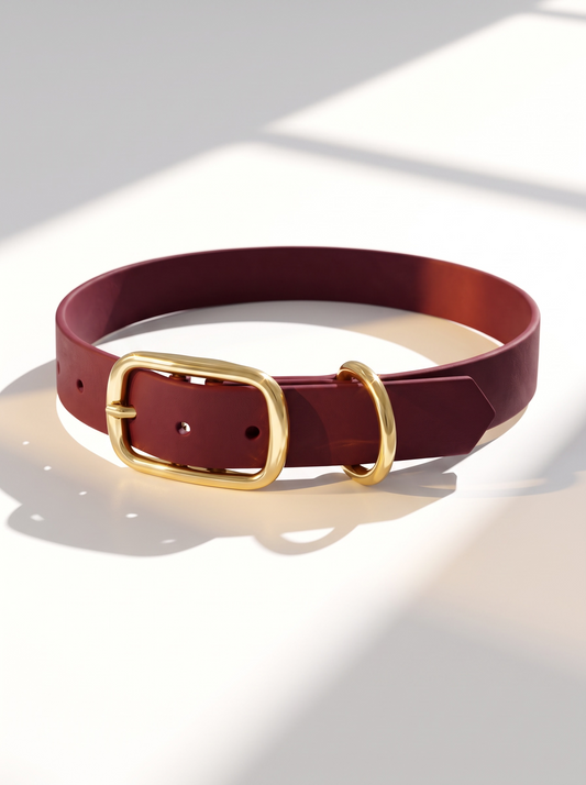 Biothane Halsband für Hunde in wine rot mit Messing Gold Beschlägen. In verschiedenen Breiten und Größen erhältlich. Ansicht der Doppelstegschnalle und des d-Ringes 