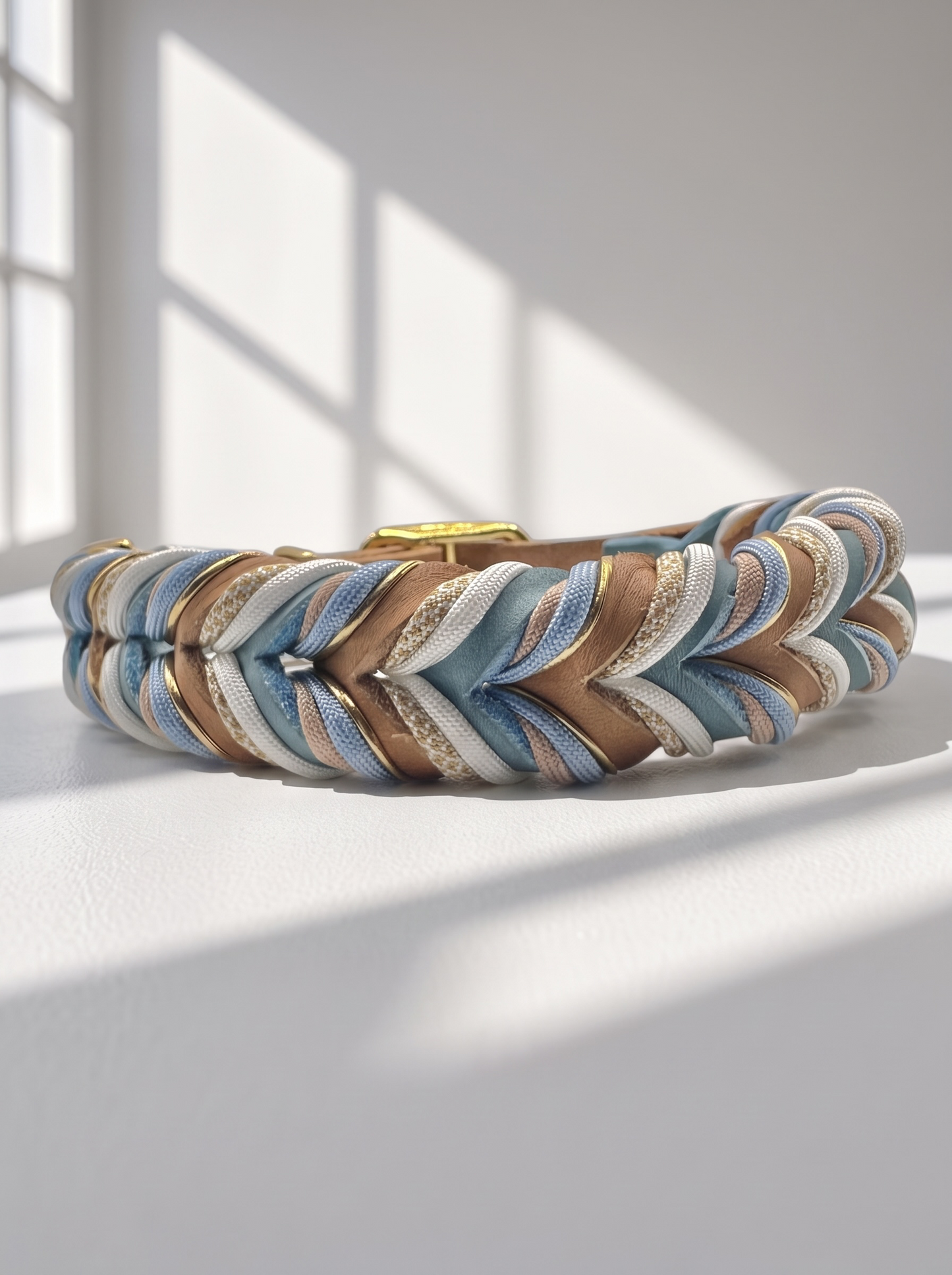 Hundeset aus Fettleder in Braun und Blau mit goldenen und weißen Details. Lederhalsband und Lederleine Geeigent für kleine, mittlere und große Hunde, da es individuell an deinen Hund angepasst wird. Verschiedene Breiten und Längen personalisierbar. Ansicht Halsband hinten