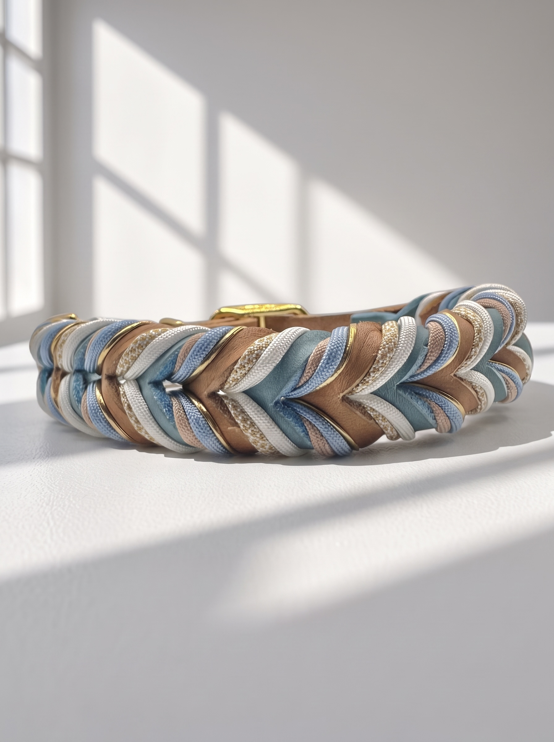 Hundeset aus Fettleder in Braun und Blau mit goldenen und weißen Details. Lederhalsband und Lederleine Geeigent für kleine, mittlere und große Hunde, da es individuell an deinen Hund angepasst wird. Verschiedene Breiten und Längen personalisierbar. Ansicht Halsband hinten