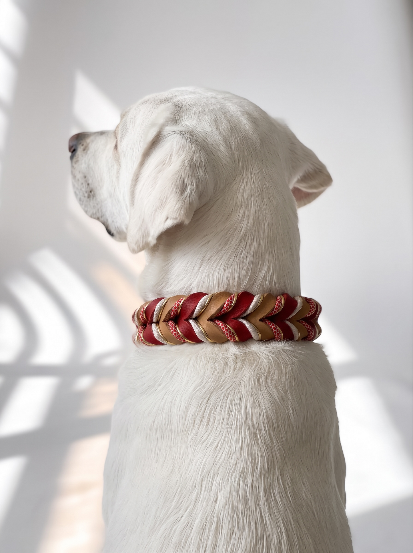 Hundehalsband aus Leder geflochten in braun und rot mit goldenen Details. Zugstopp Verschluss. Individuell anpassbar für jeden Hund. Ansicht Tragebild weißer Hund 