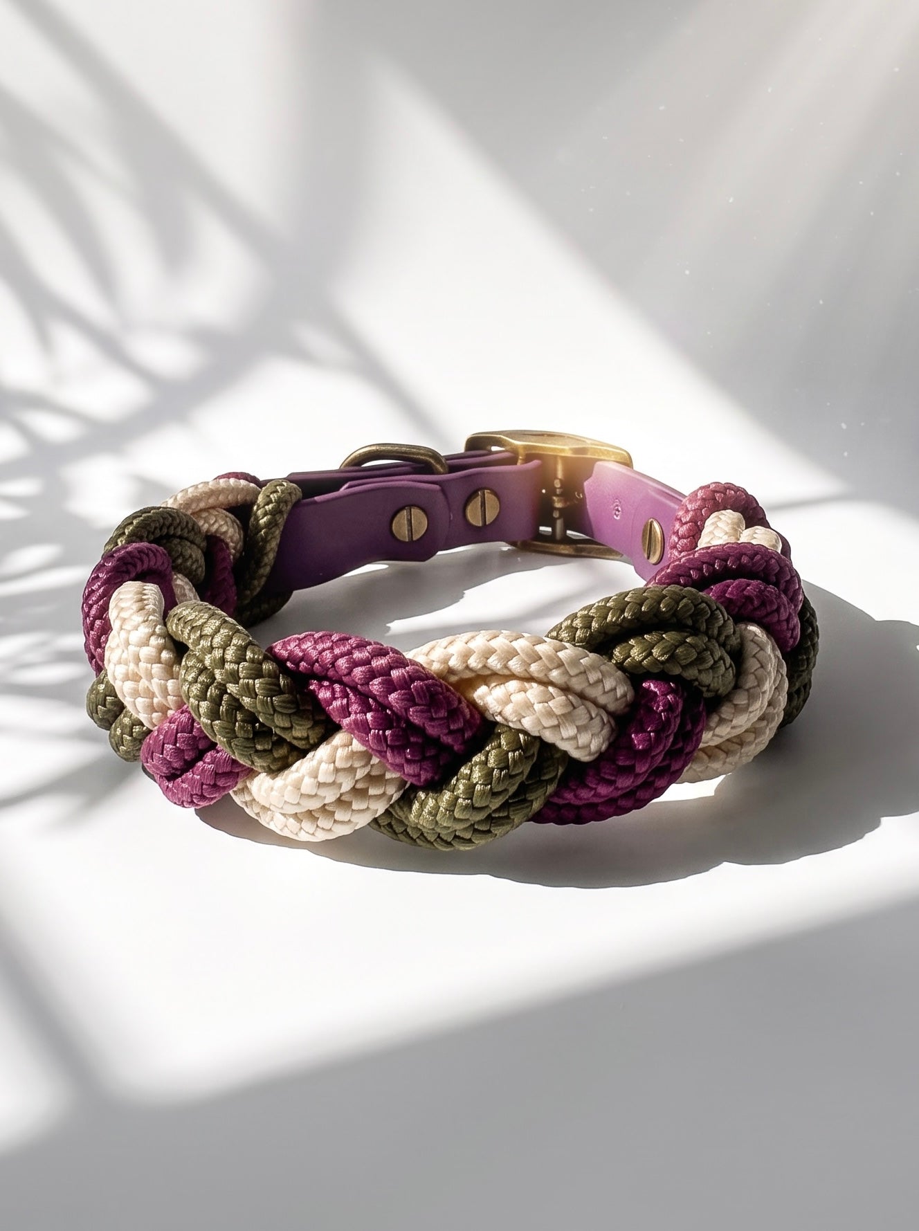 Hundehalsband geflochten aus Tau in den Farben Aubergine, Military grün und Shiny Gold. 
Handgefertigt und individuell anpassbar. Ansicht Halsband hinten 