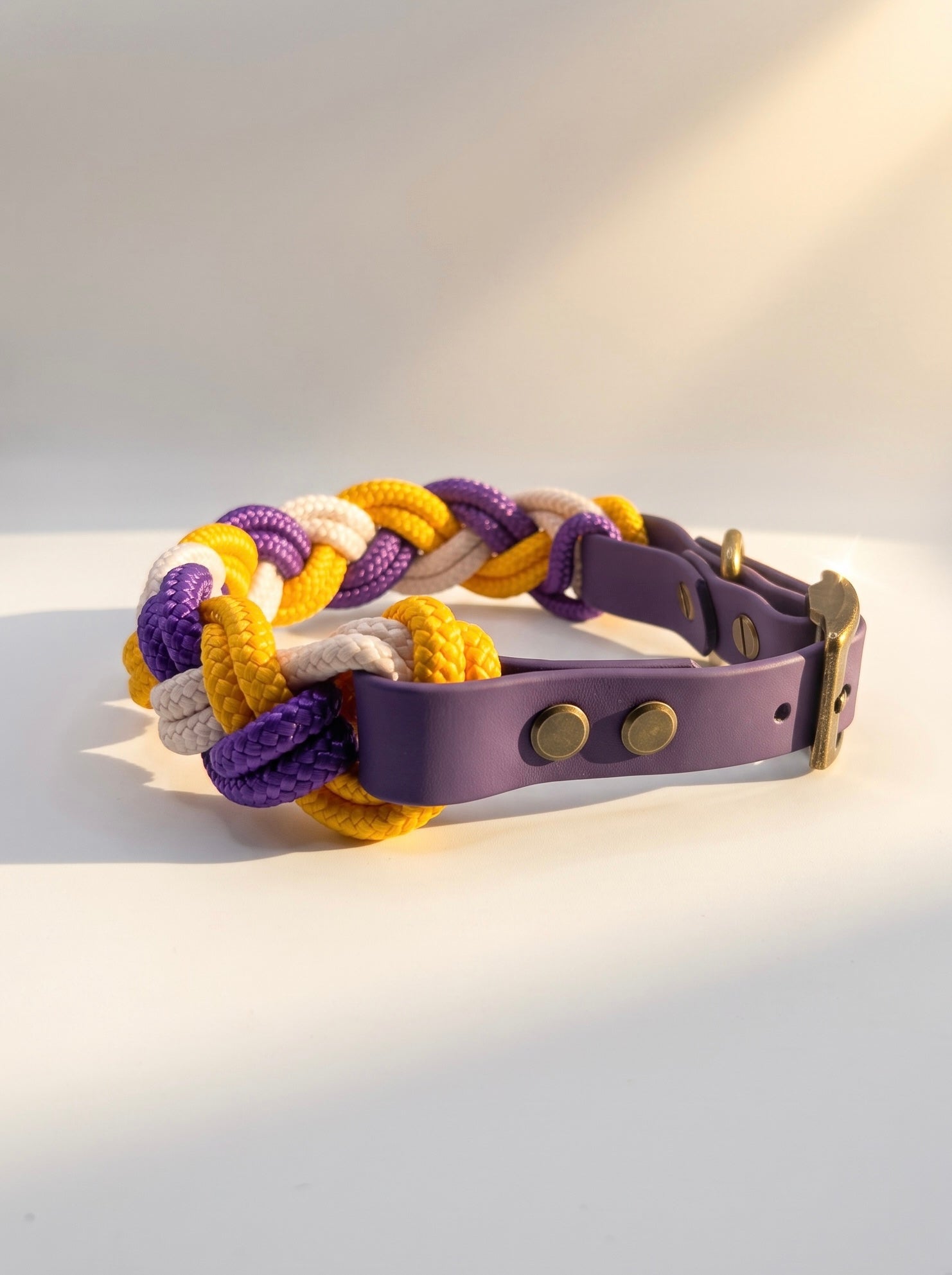Hundehalsband geflochten aus Tau in den Farben Acid Violett Lila, Sahne Cream und Honey Gelb. Handgefertigt und individuell anpassbar. Ansicht BioThane Verschluss lila 