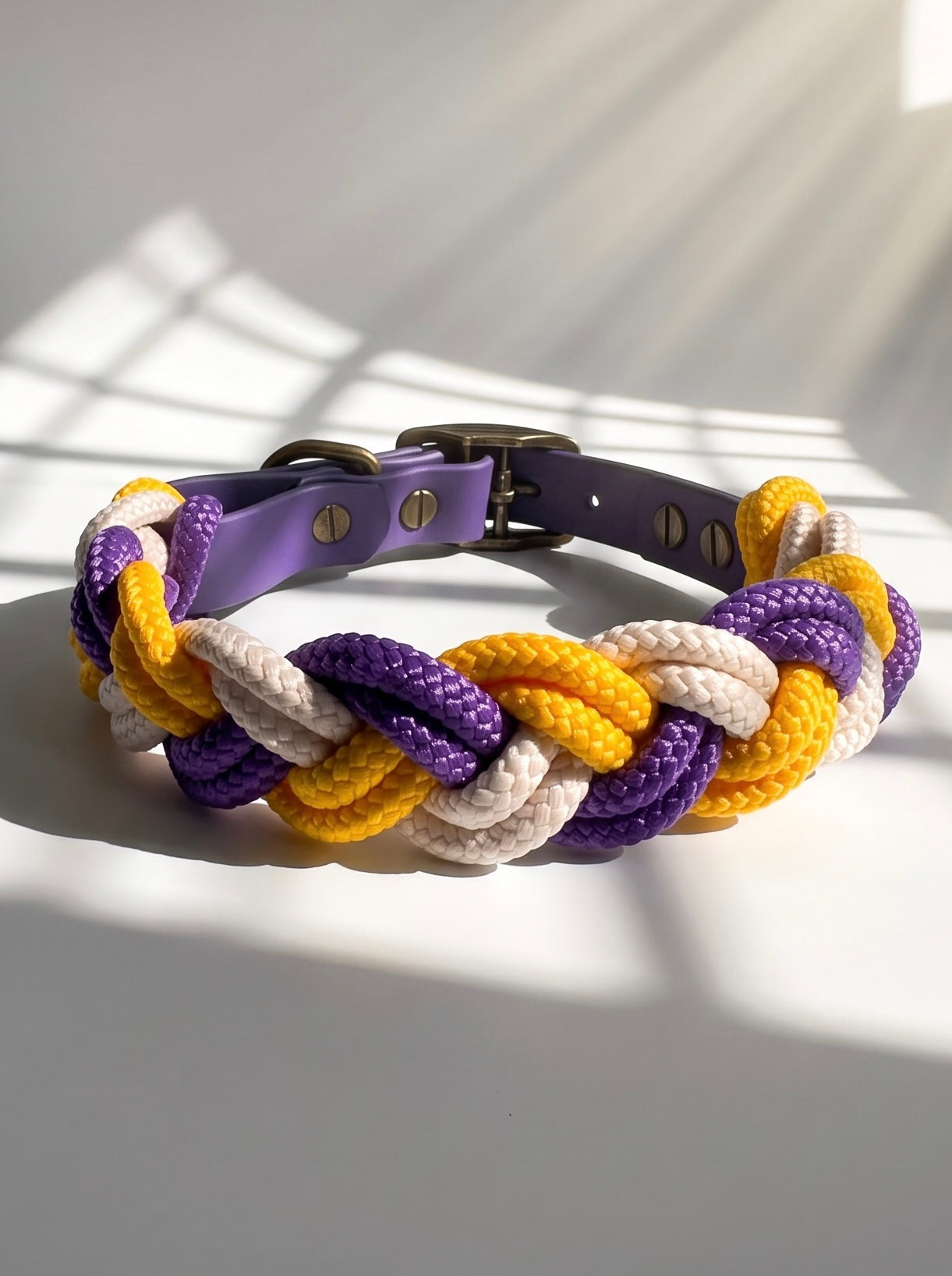 Hundehalsband geflochten aus Tau in den Farben Acid Violett Lila, Sahne Cream und Honey Gelb. Handgefertigt und individuell anpassbar. Ansicht des Halsbandes von hinten 