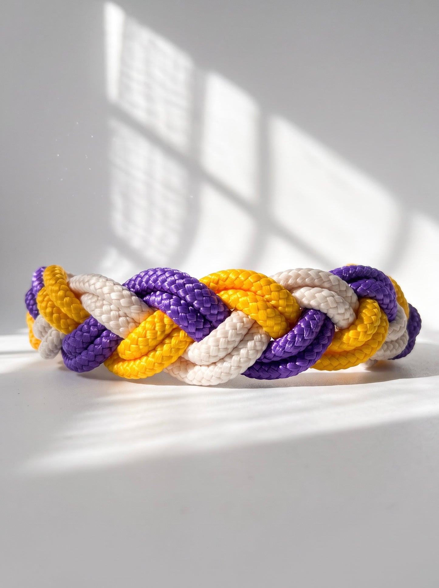 Hundehalsband geflochten aus Tau in den Farben Acid Violett Lila, Sahne Cream und Honey Gelb. Handgefertigt und individuell anpassbar. Ansicht Halsband hinten 