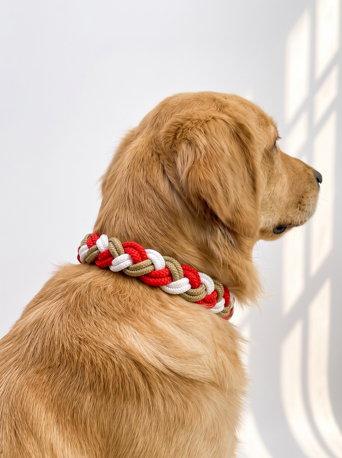 Hundehalsband aus Tau geflochten in den Farben: Poppy Rot, Snow Weiß und Gold. Leder Verschluss zum verstellen. Weihnachtshalsband für kleine, mittlere und große Hunde. Personalisierbar. Ansicht: Flechtung hinten An Hund getragen 