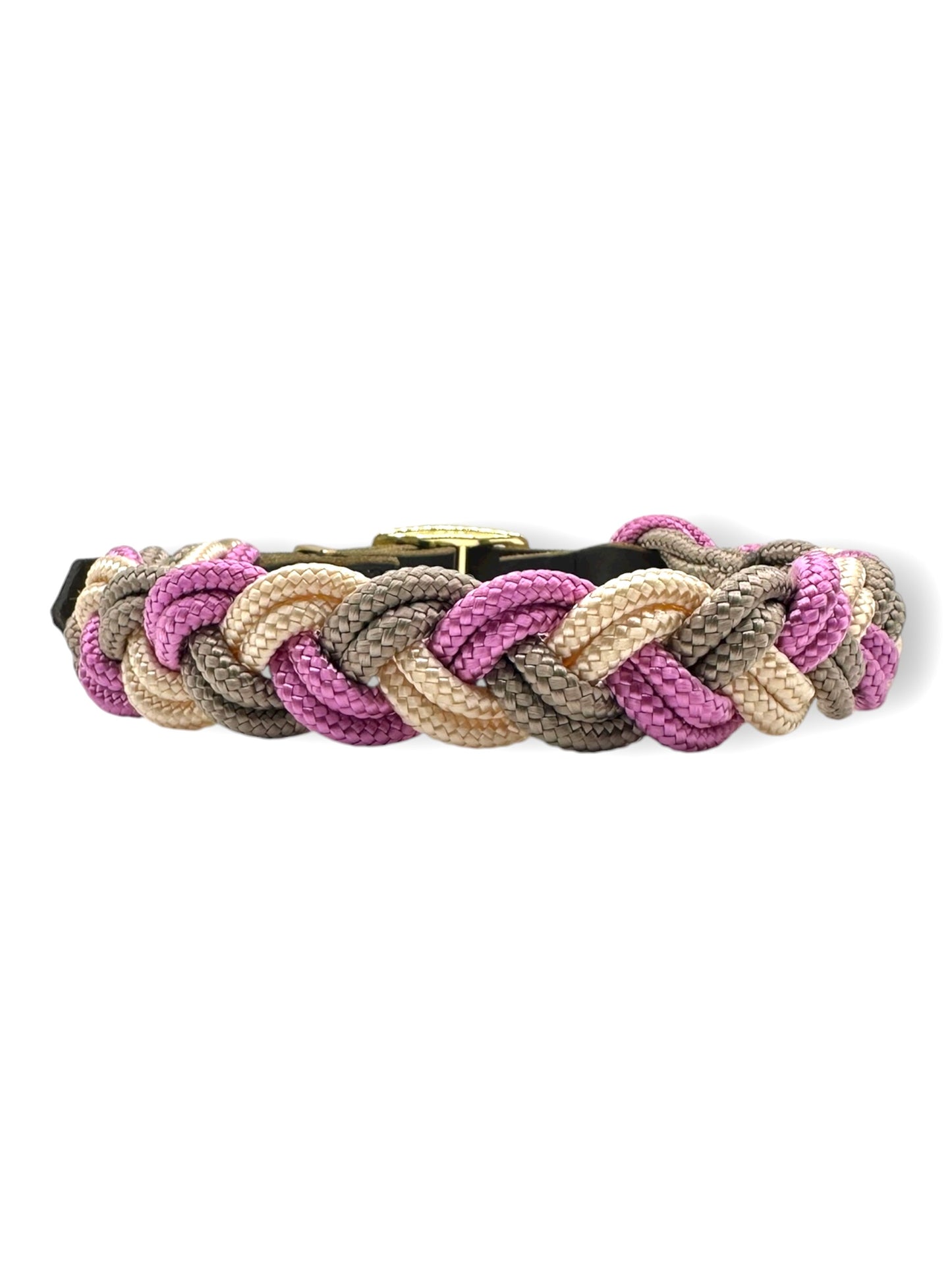 Hundehalsband aus Tau geflochten in den Farben rosa, beige, Cream und tan. Mit Leder Verschluss hinten