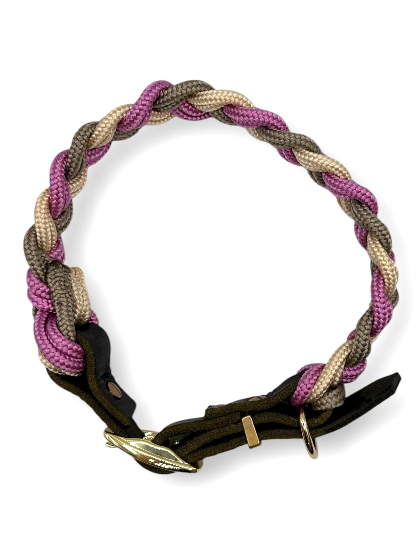 Hundehalsband aus Tau geflochten in den Farben rosa, beige, Cream und tan. Mit Leder Verschluss 