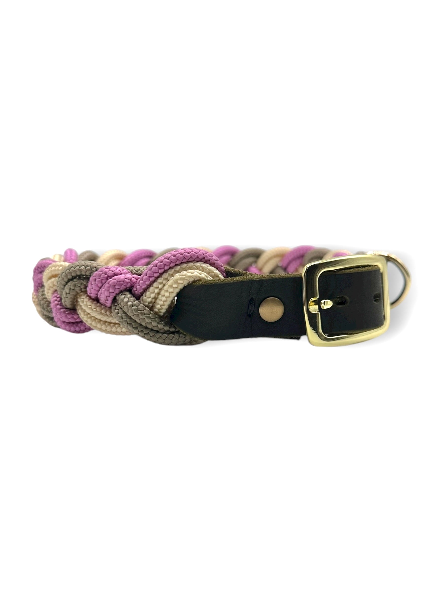 Hundehalsband aus Tau geflochten in den Farben rosa, beige, Cream und tan. Mit Leder Verschluss Seite