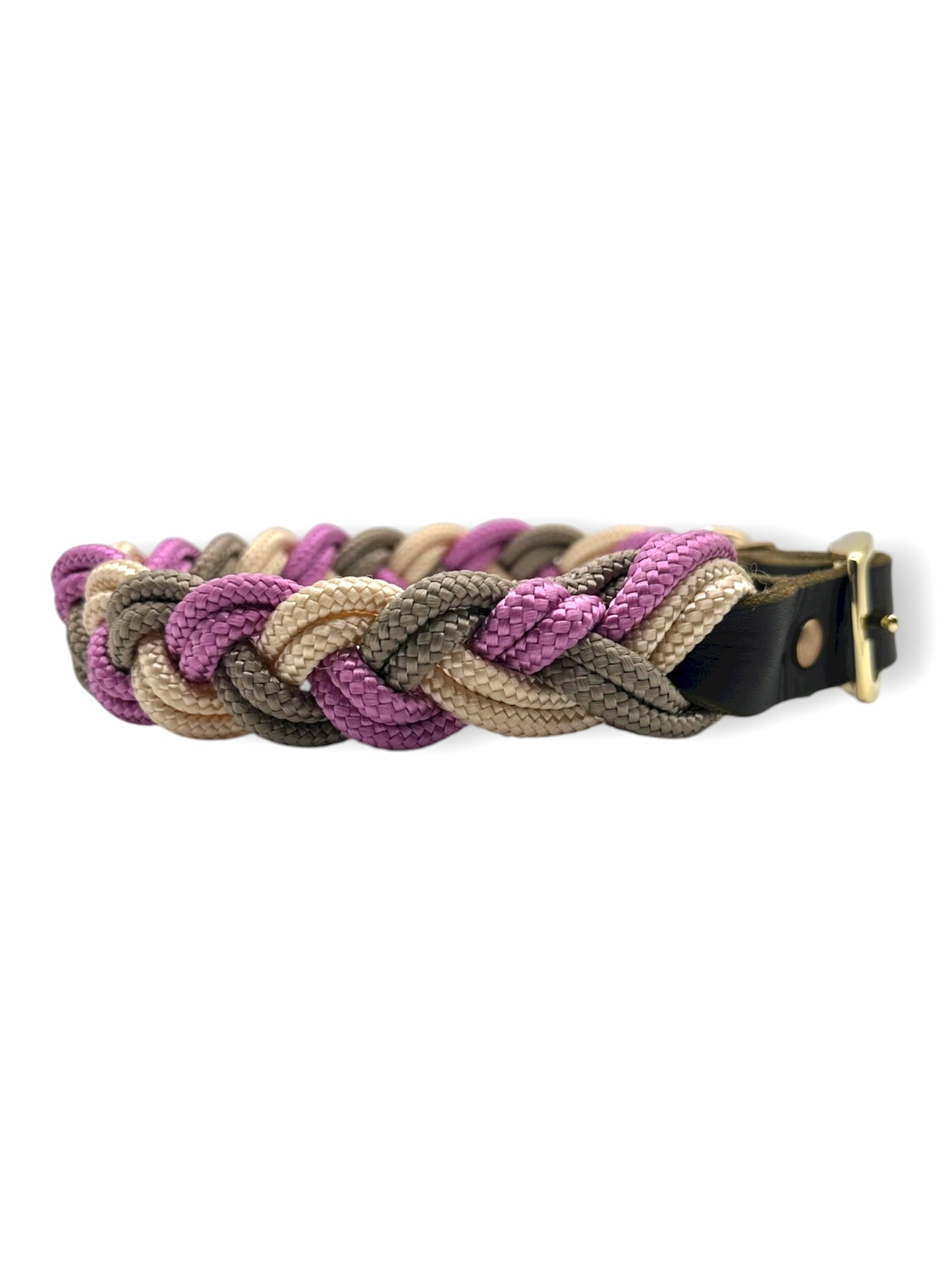 Hundehalsband aus Tau geflochten in den Farben rosa, beige, Cream und tan. Mit Leder Verschluss 