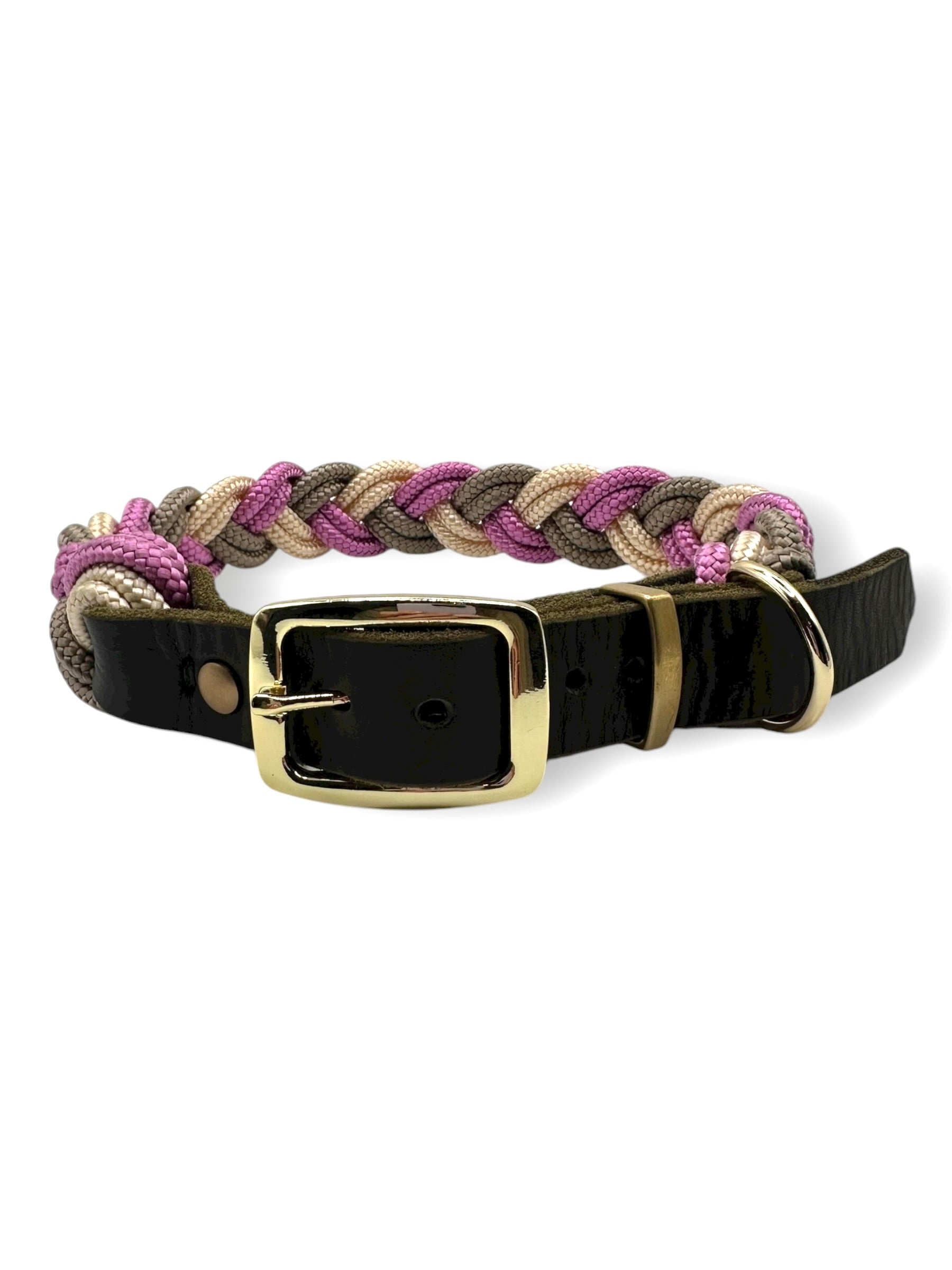 Hundehalsband aus Tau geflochten in den Farben rosa, beige, Cream und tan. Mit Leder Verschluss Vorne 