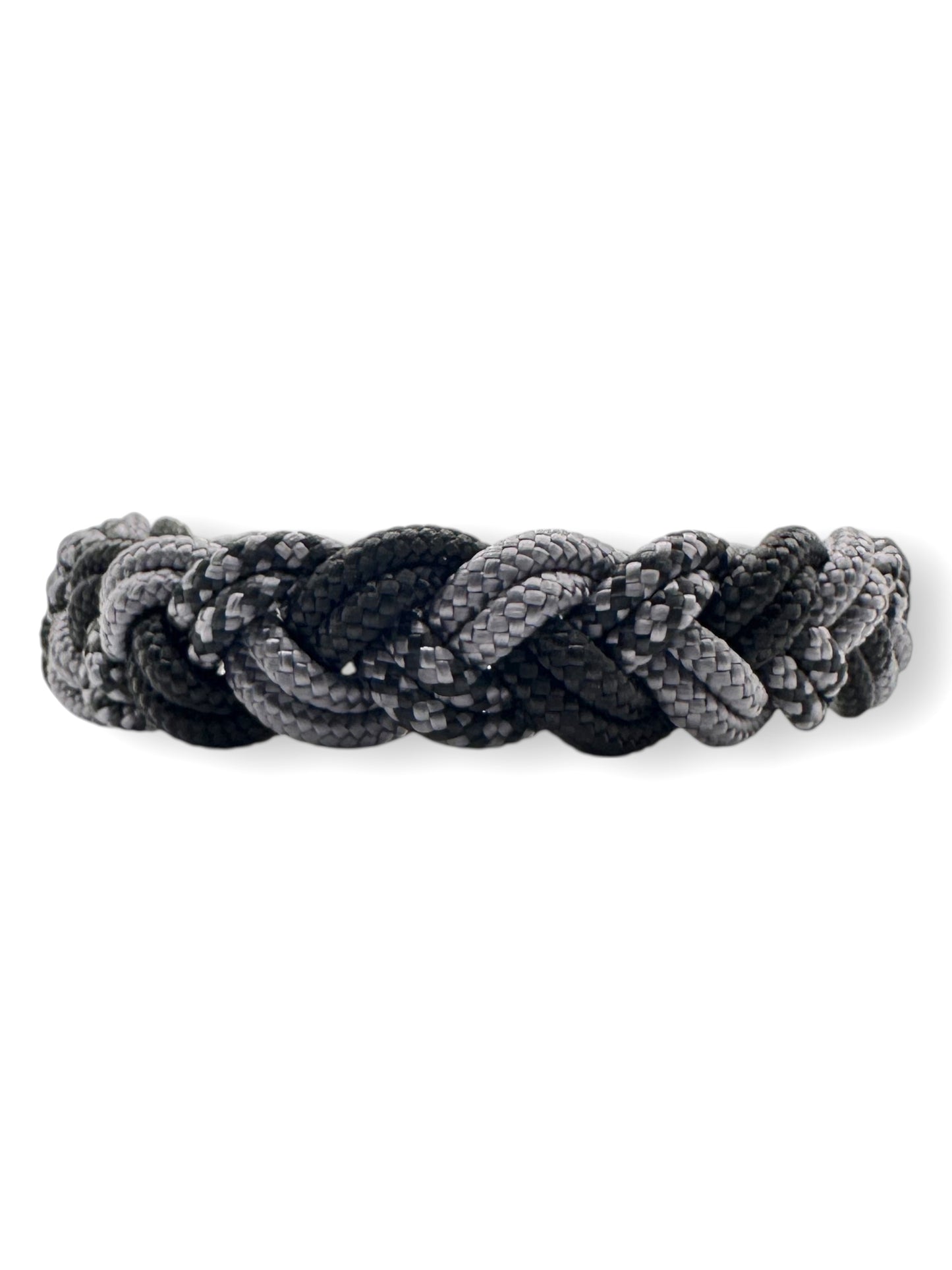 Hundehalsband geflochten aus Tau in grau und schwarz. Tauhalsband aus 6mm starken PPM-Seil geflochten. Mit Zugstopp Verschluss aus schwarzem Leder. 