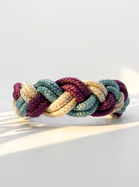 Hundehalsband geflochten aus Tau in den Farben Aubergine, Sea grün und Shiny Gold. 
Handgefertigt und individuell anpassbar. Ansicht 