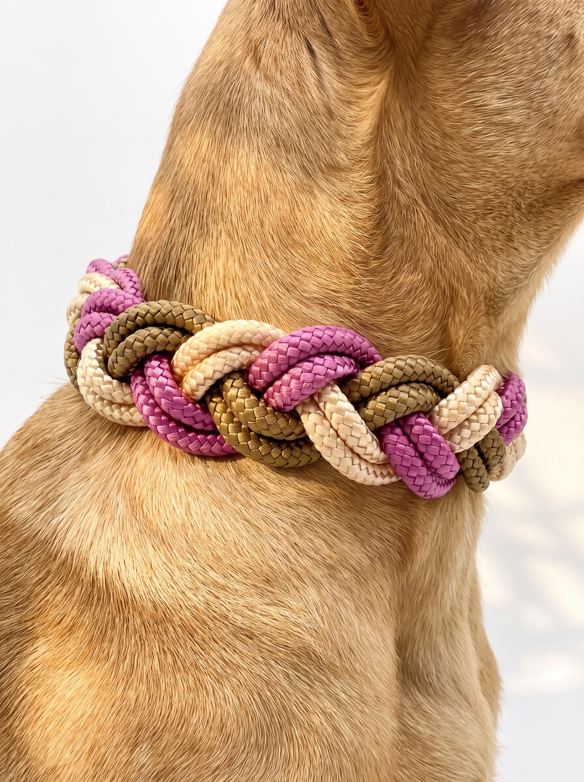 Hundehalsband geflochten aus Tau in rosa braun und cream. Handgefertigt und individuell anpassbar. Ansicht des Halsbandes getragen an einem Hund 