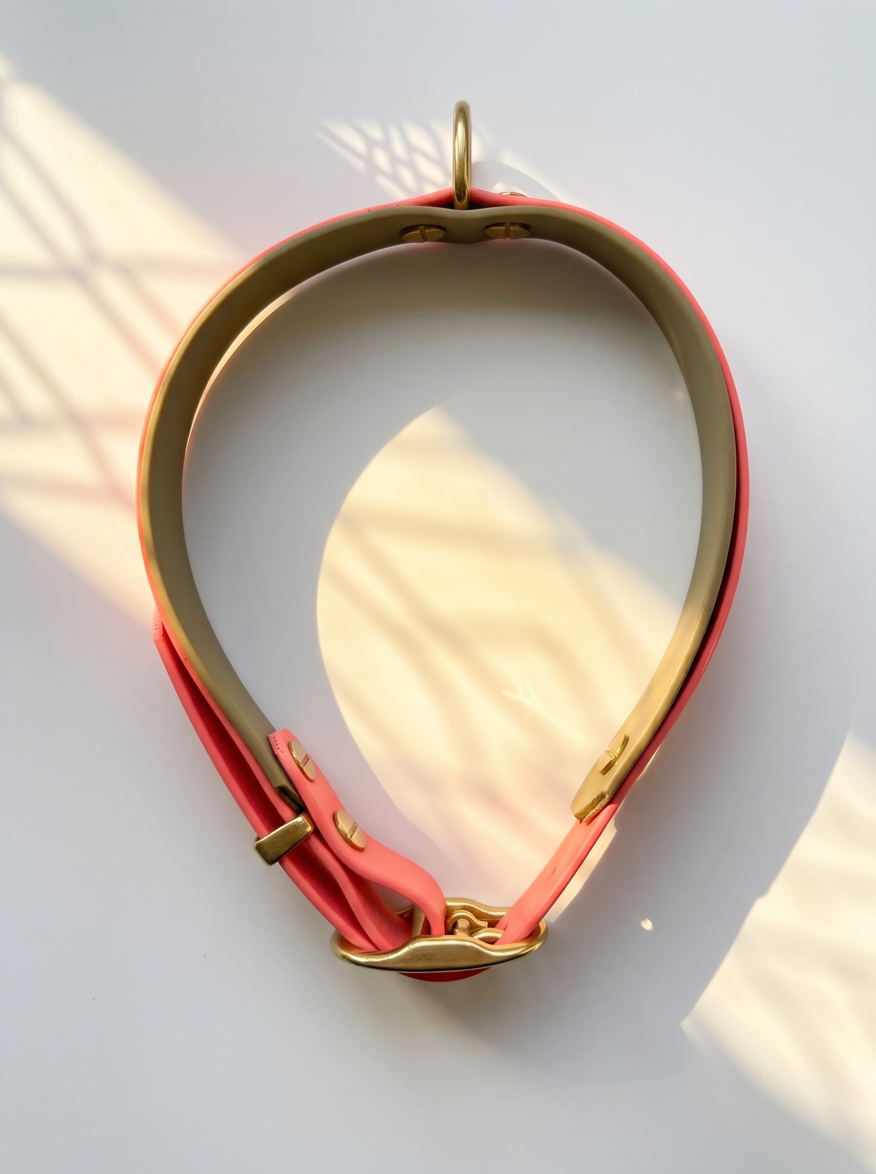 Hundeset bestehend aus Leine und Halsband aus BioThane. In den Farben Coral und Beige. Geeignet für kleine, mittlere und große Hunde, da unsere Artikel a die Größe und das Gewicht deines Hundes angepasst werden. biothane ist geeignet für jedes Wetter. Ansicht handgemachtes Halsband Draufsicht 