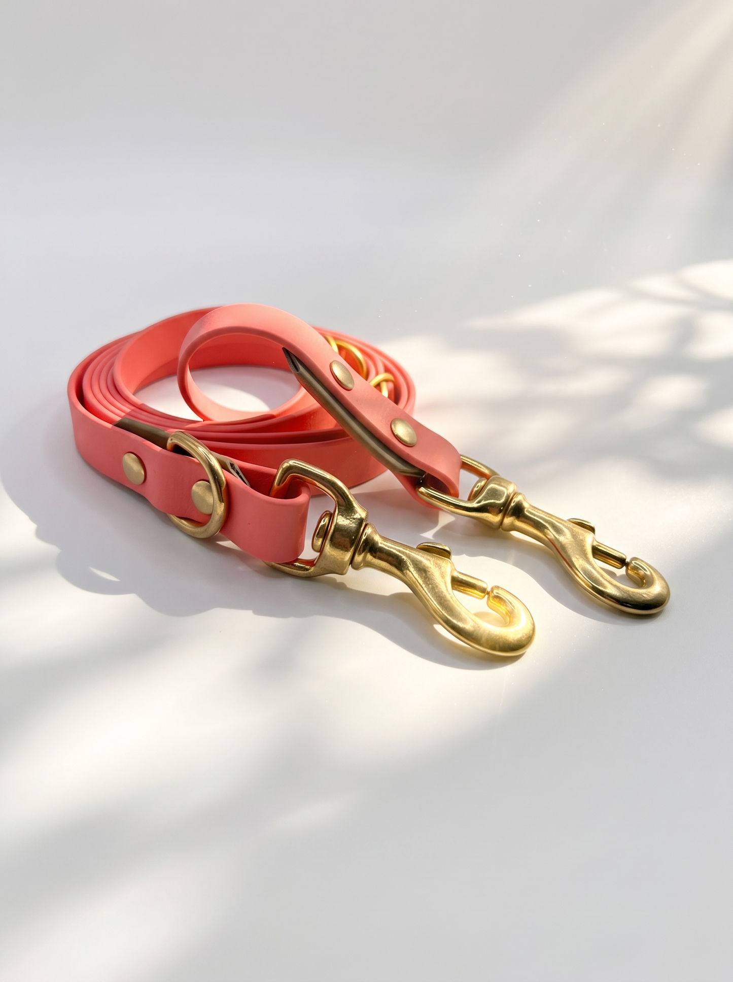 Hundeset bestehend aus Leine und Halsband aus BioThane. In den Farben Coral und Beige. Geeignet für kleine, mittlere und große Hunde, da unsere Artikel a die Größe und das Gewicht deines Hundes angepasst werden. biothane ist geeignet für jedes Wetter. Ansicht handgemachte Leine 