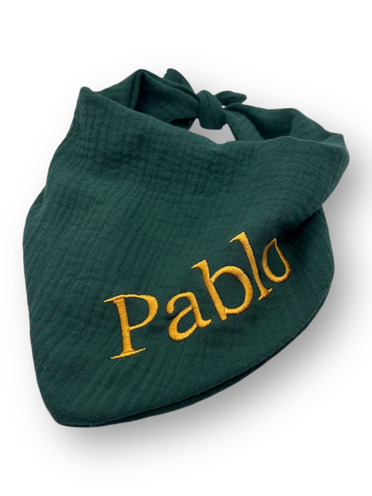 Hundehalstuch in dunkelgrün mit goldenem Stick. Personalisierbar mit namensstick. Perfektes Weihnachtsgeschenk