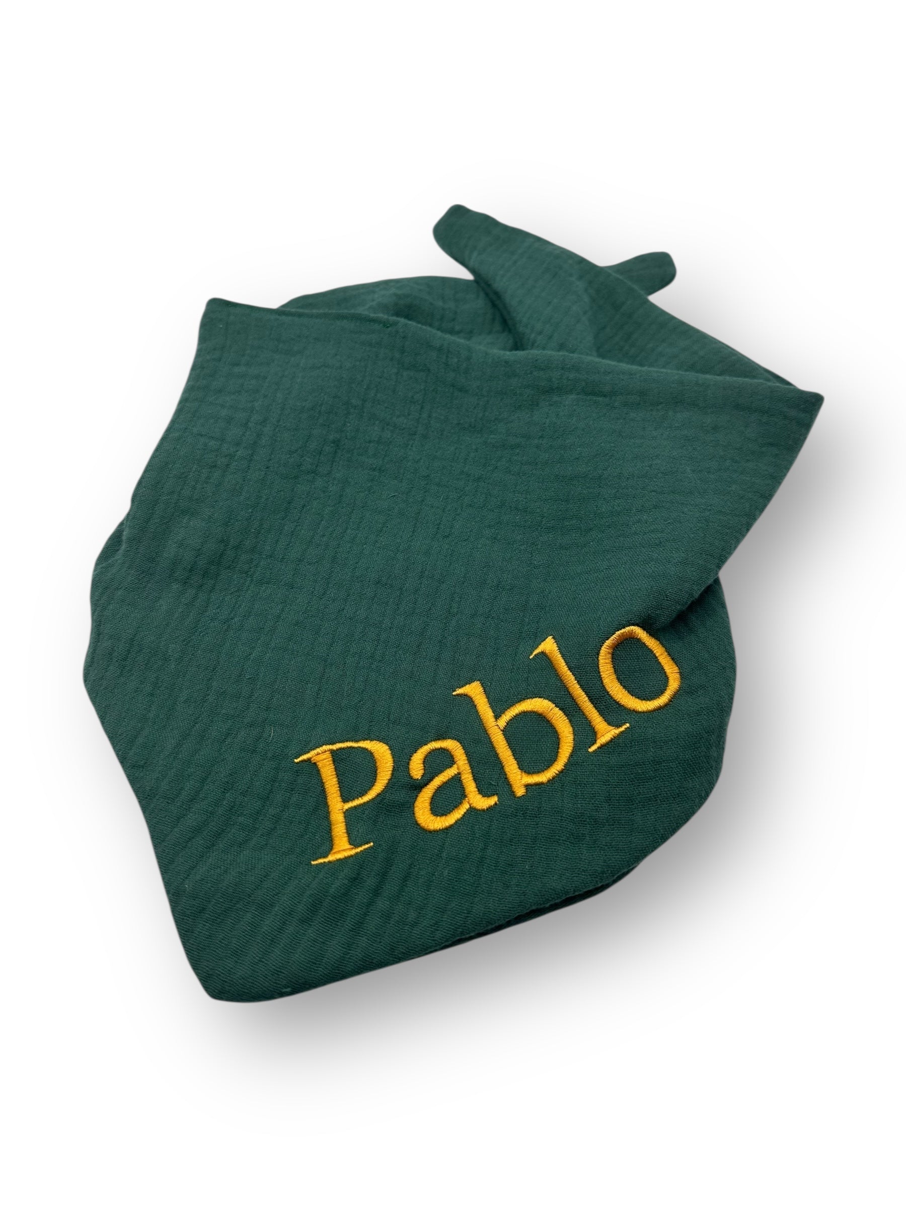 Hundehalstuch in dunkelgrün mit goldenem Stick. Personalisierbar mit namensstick. Perfektes Weihnachtsgeschenk