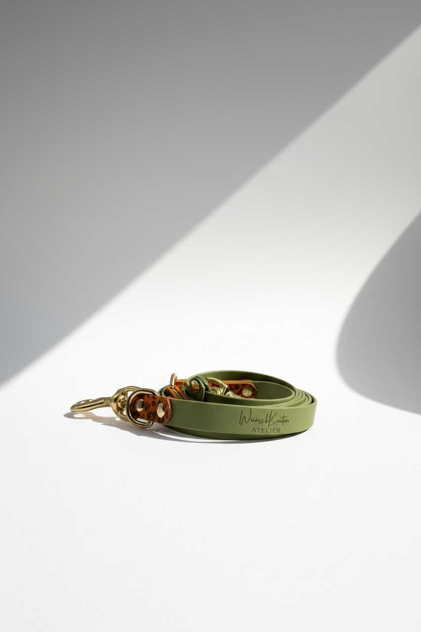 Hundeleine aus BioThane Holy Guacamole mit leodetails in der Farbe burned Orange. Messing Beschläge 