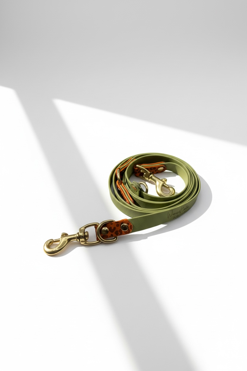 Hundeleine aus BioThane in Grün mit Orangen Details mit leoprint. Beschläge in gold messing. Länge, Breite frei wählbar. Personaisierung möglich