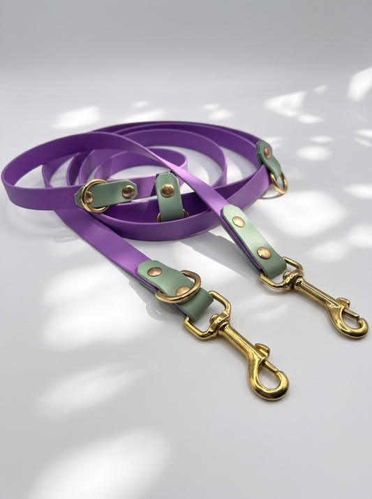 Hundehalsband und Hundeleine aus BioThane in den Farben Lila und grün. Handgefertigt und individuell anpassbar für alle Hunde. Details der Leine
