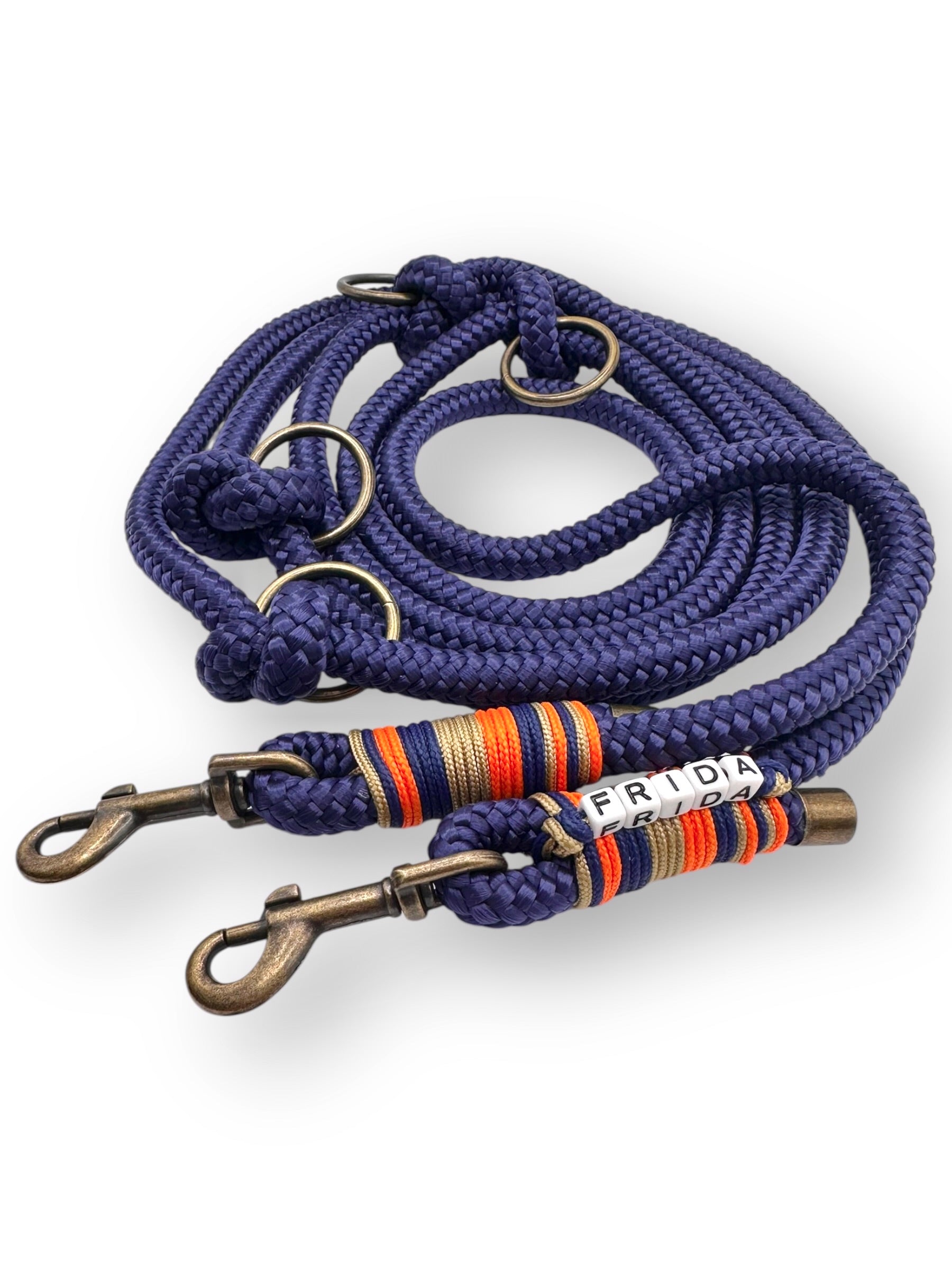 Hundeleine Herbst Farben aus 10mm starken Tau - herbstlich in dunkelblau mit orange, Gold und blauen Details. Karabiner in Antik Gold 