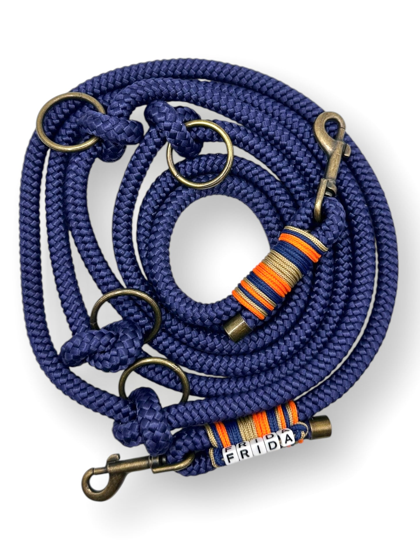 Hundeleine Herbst Farben aus 10mm starken Tau - herbstlich in dunkelblau mit orange, Gold und blauen Details. Karabiner in Antik Gold - Draufsicht 