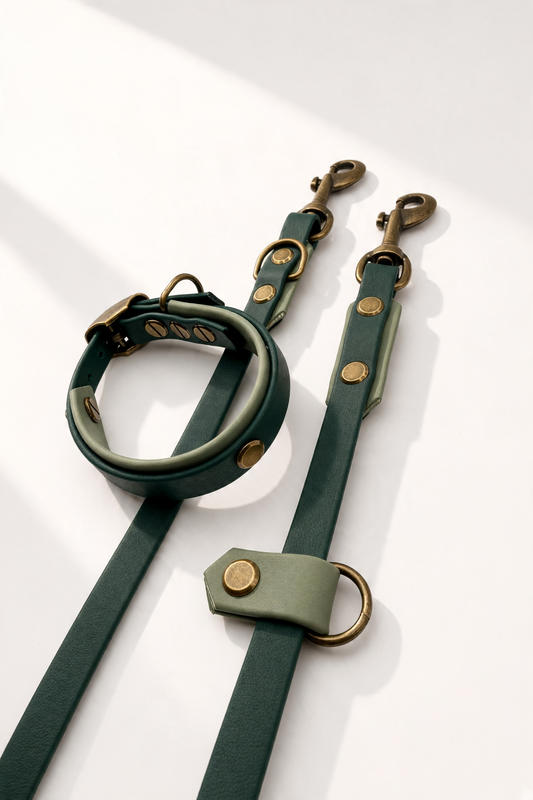 BioThane Hundehalsband und Hundeleine in Dunkelgrün und Foggy Grün. Handgefertigt und personalisierbar in Größe und Breite. Detailansicht 