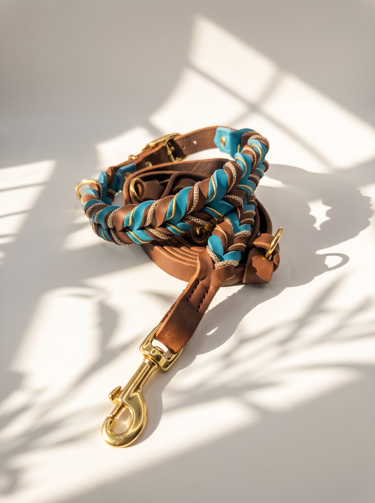 Hundeleine und Hundehalsband aus Leder in der Farbe Braun und Türkis. Geflochten aus Fettleder und Paracord in den Farben braun, crea,, blau und Gold.