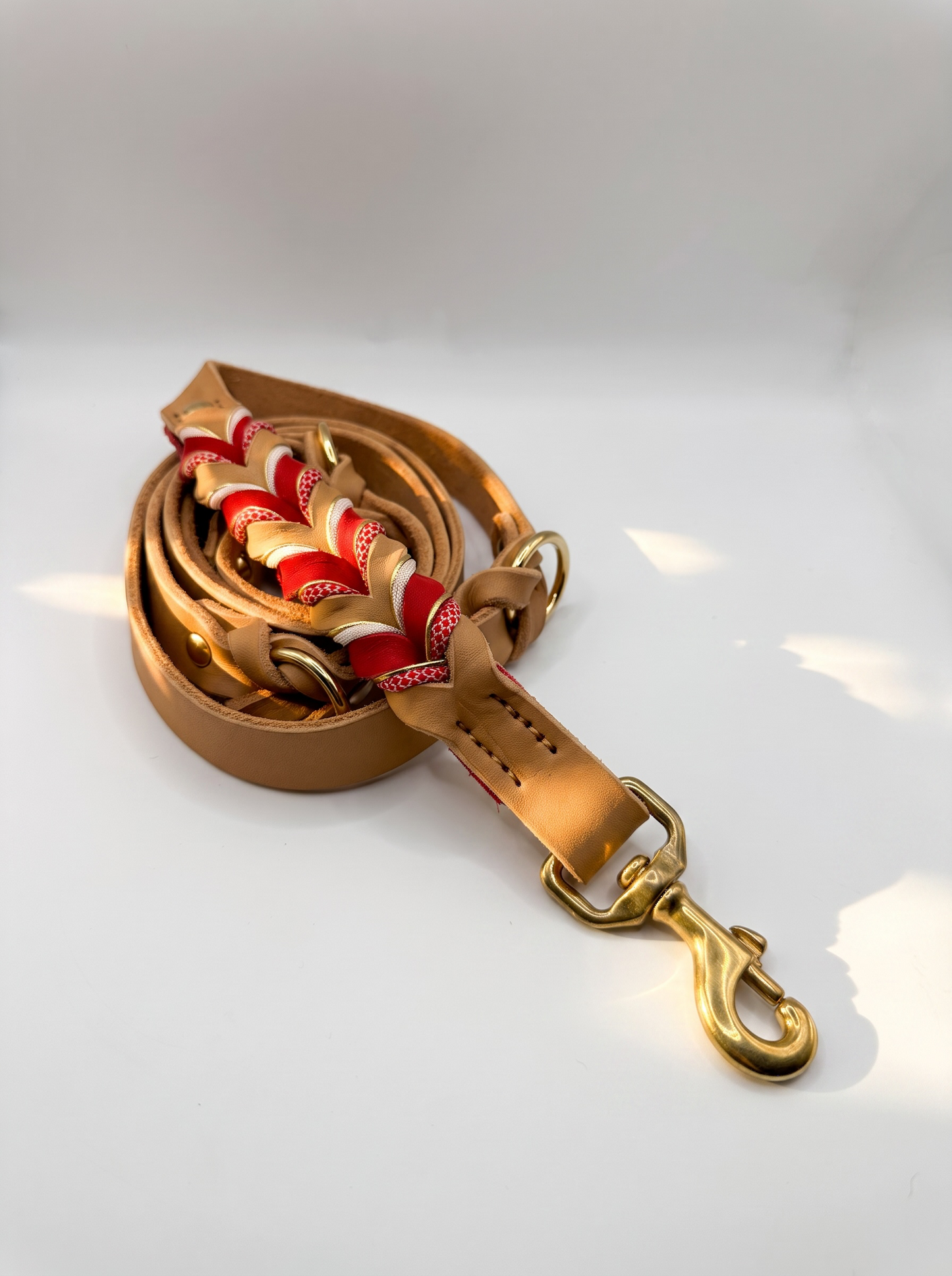 Hundeleine  aus Leder geflochten in braun und rot mit goldenen Details. Zugstopp Verschluss. Individuell anpassbar für jeden Hund. Ansicht Leine 