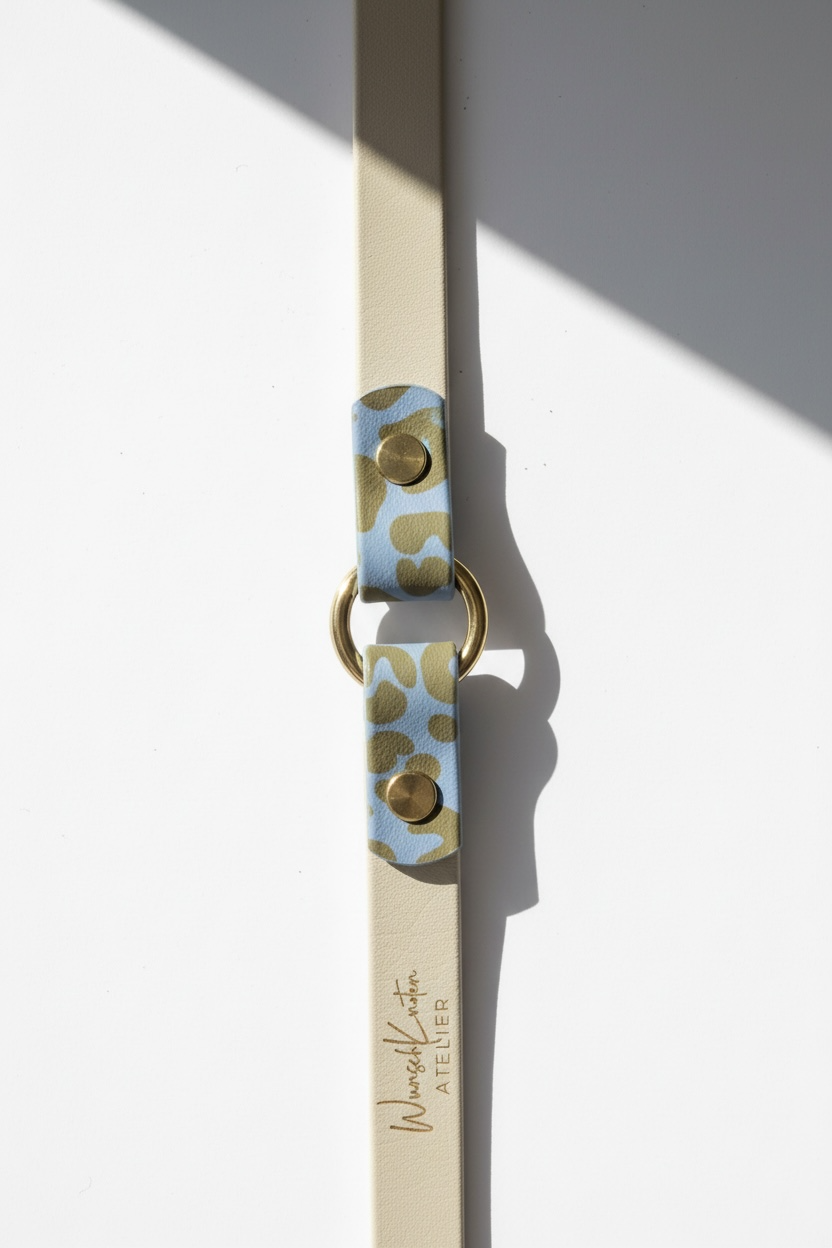 Detailaufnahme der Leoparden Hundeleine aus BioThane in Arctic Wolf und Polar Blau mit goldfarbenen Messingbeschlägen, Fokus auf Verstellmöglichkeiten und Logo Gravur. Handgefertigte, verstellbare BioThane Hundeleine im Leoparden Design mit individuell positionierbaren O-Ringen zur Anpassung der Leinenlänge. Personalisierbare Hundeleine mit hochwertiger Logo Gravur, wählbarer Beschlagfarbe sowie individuell konfigurierbarer Länge und Breite. Robustes, wasserfestes und pflegeleichtes Hundezubehör für Alltag,