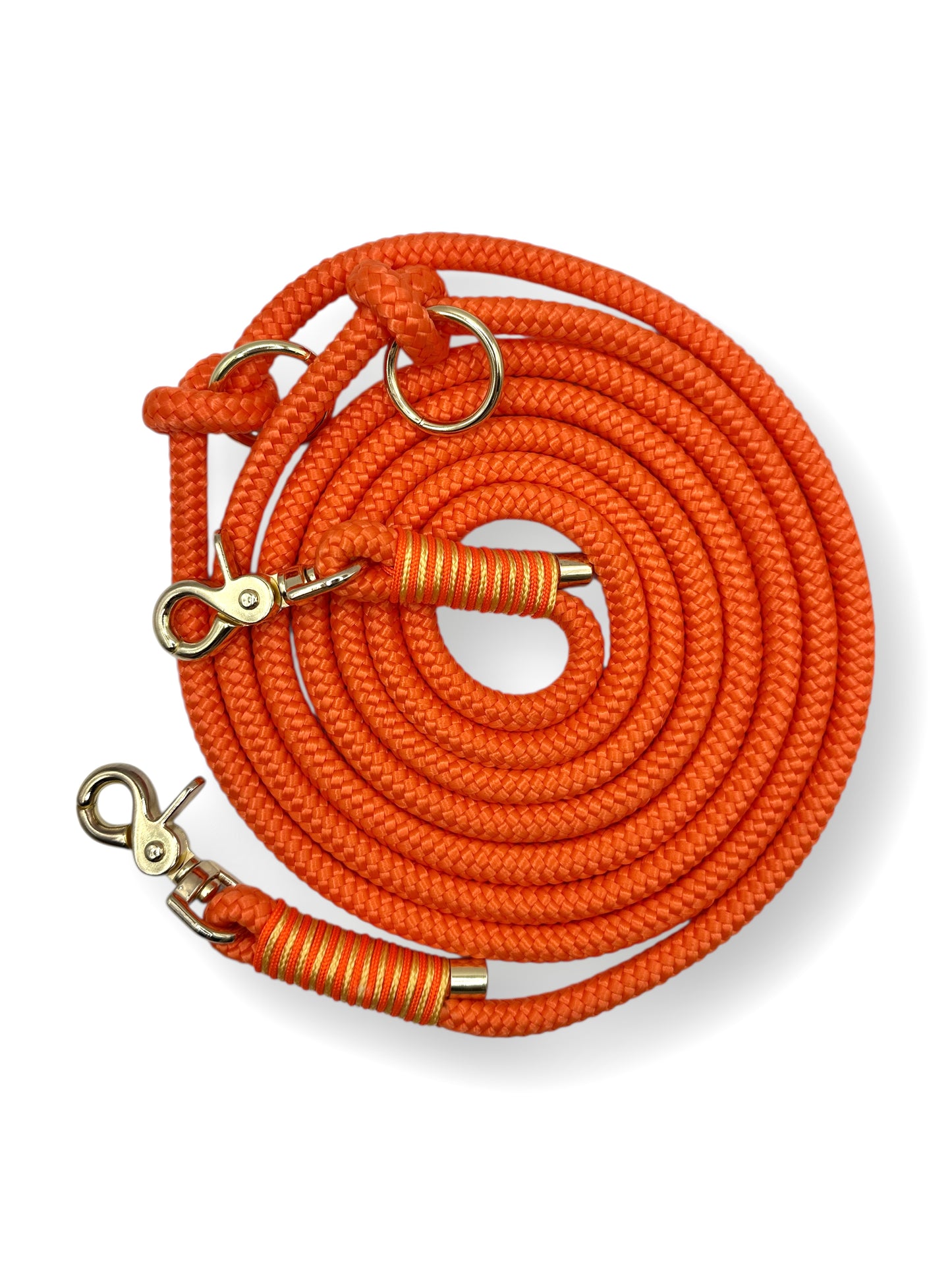 Hundeleine Neon orange aus Tau mit gelben und goldenen Details In 10mm stärke. Länge frei wählbar. 