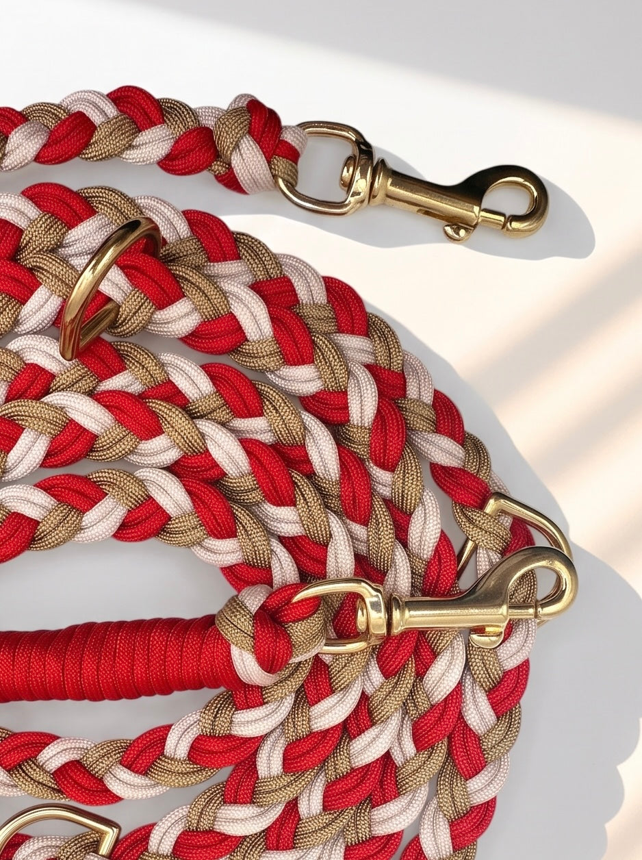 Hundeleine in den Farben: Rot, Gold und Cream. Mit Messing Beschlägen. Geeignet für kleine, mittlere und große Hunde, da die Leine komplett personalisierbar ist. Bolzenkarabiner Messing 