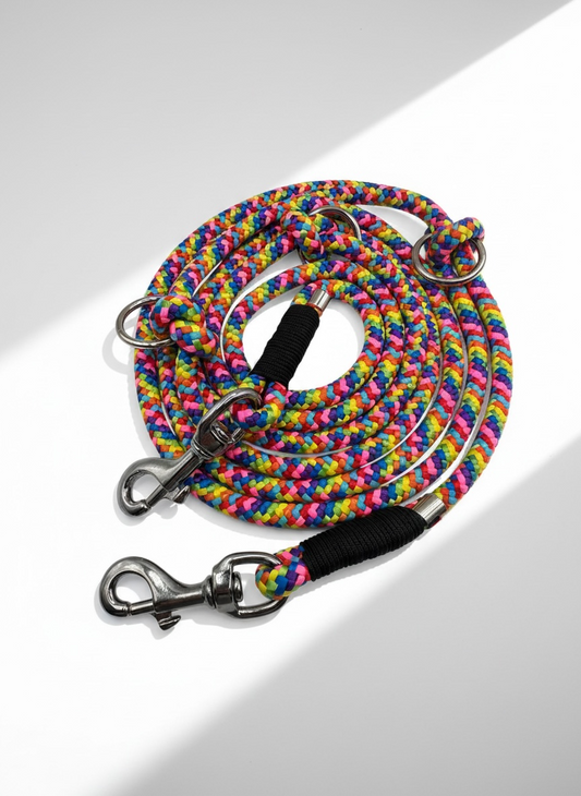 Tauleine für Hunde mit silbernen bolzenkarabinern und schwarzer Umwickelung in bunten Farben Regenbogen 