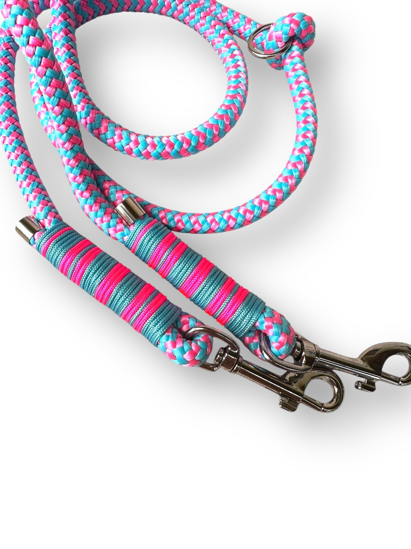 Hundeleine 10mm dick aus dem Tau baby shower in rosa und blau mit silbernen Details - detailansicht