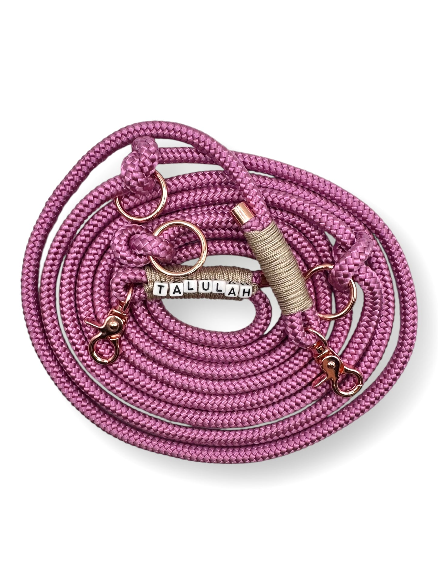 Hundeleine aus 8mm Tau in Granny rosa  mit Mocca und rosé Gold Details Herbst Farben 