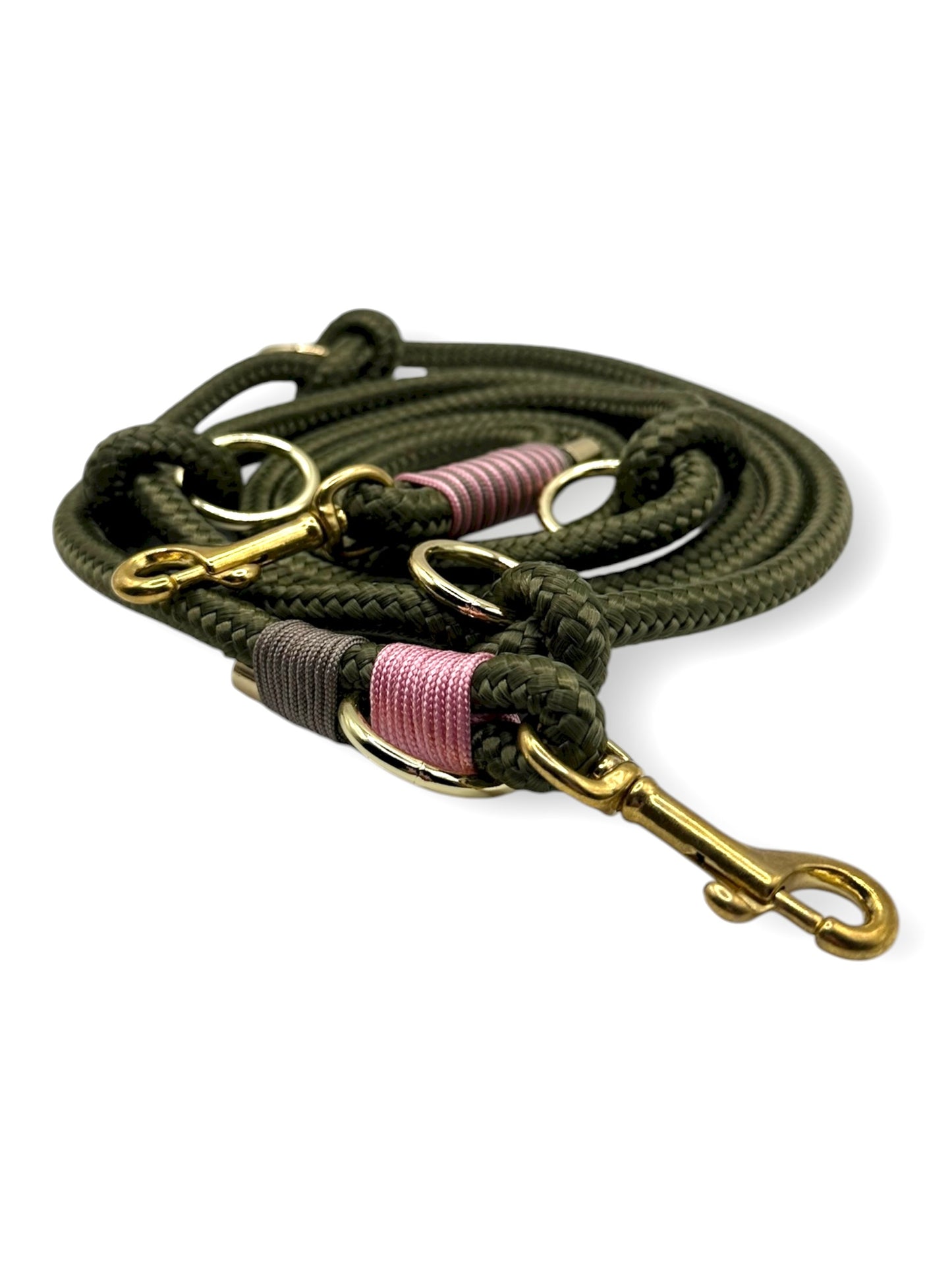 Hundeleine aus Tau 10mm stark in grün -dunkle Olive. Herbstliche Farben, mit rosa und goldenen Details. Draufsicht 