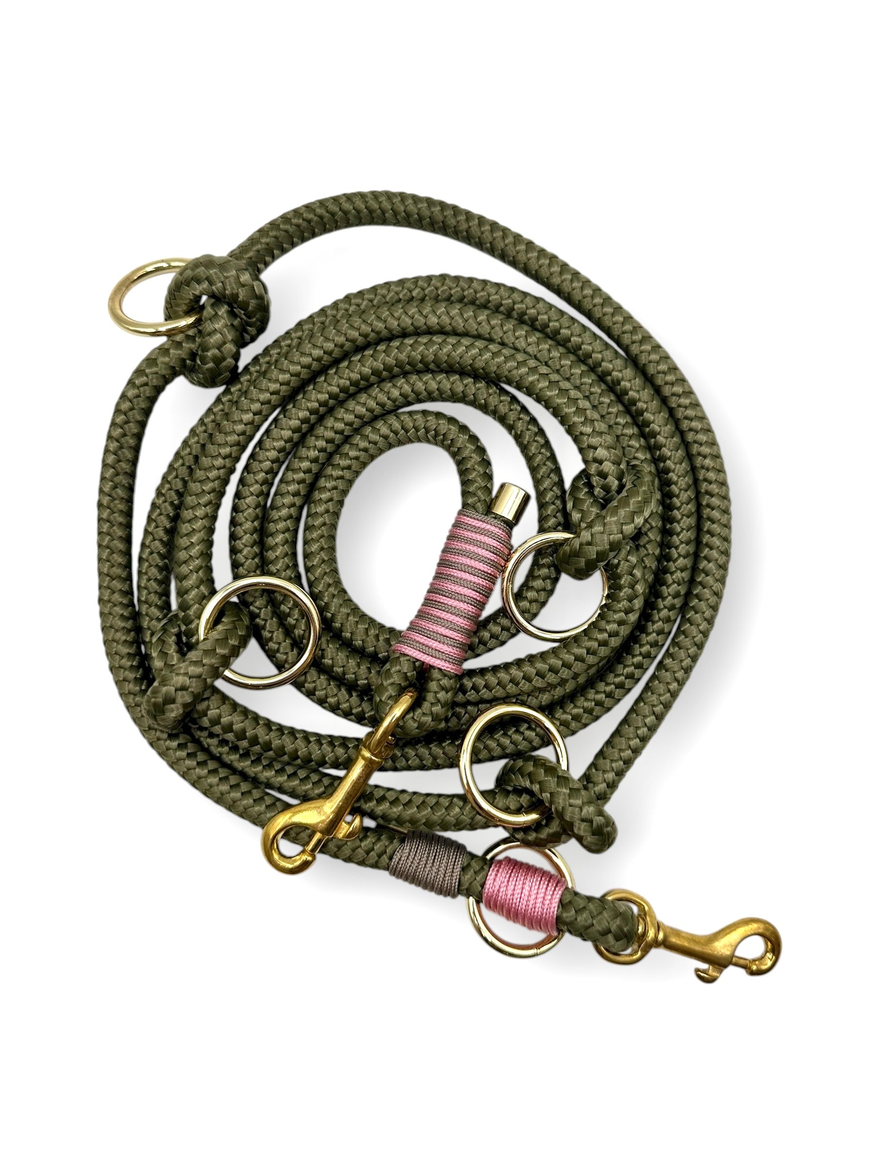 Hundeleine aus Tau 10mm stark in grün -dunkle Olive. Herbstliche Farben, mit rosa und goldenen Details. 