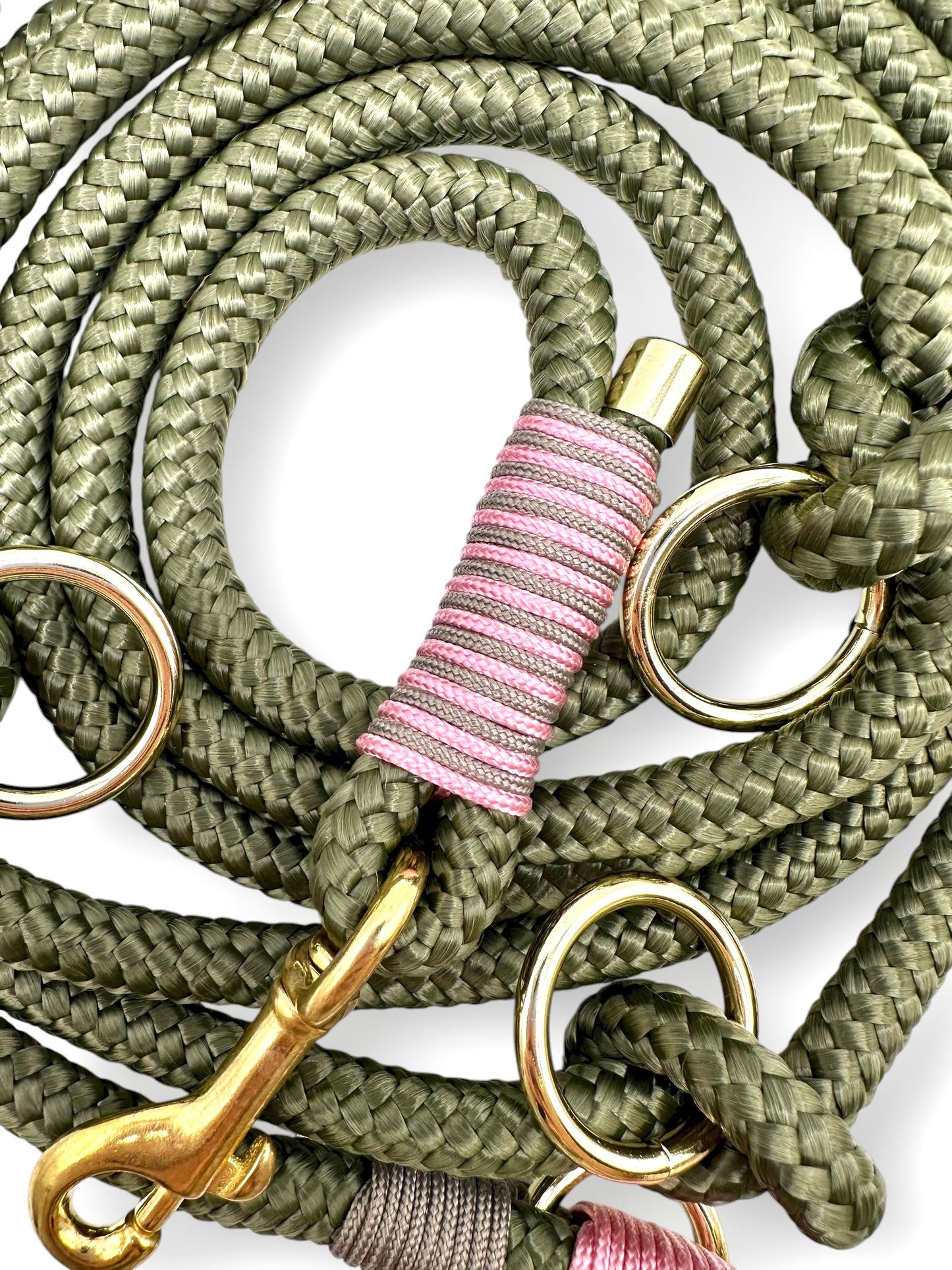 Hundeleine aus Tau 10mm stark in grün -dunkle Olive. Herbstliche Farben, mit rosa und goldenen Details. Nahaufnahme Umwicklung 