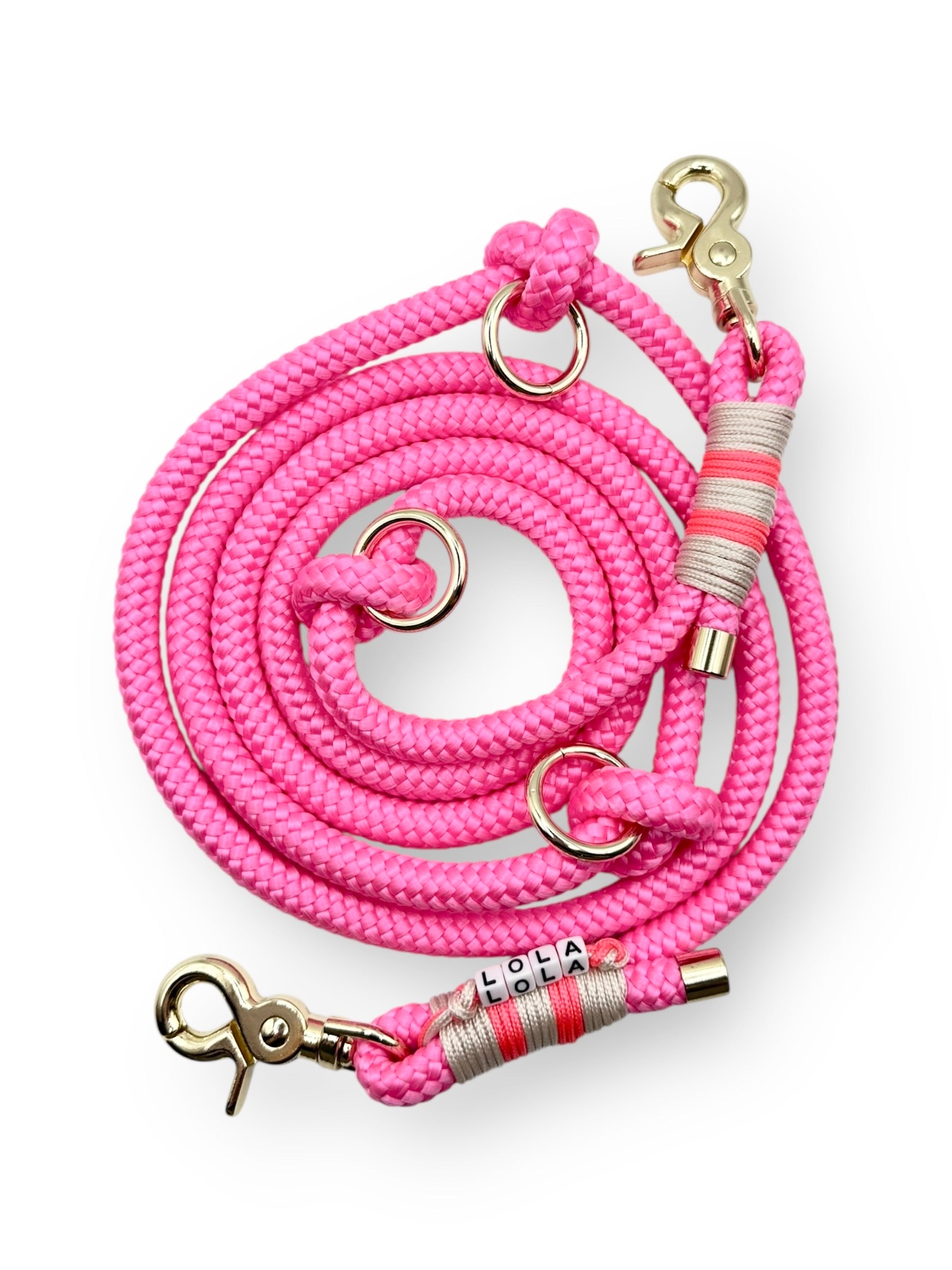 Hundeleine aus Tau in Neon rosa und cream Mit goldenen Details Draufsicht