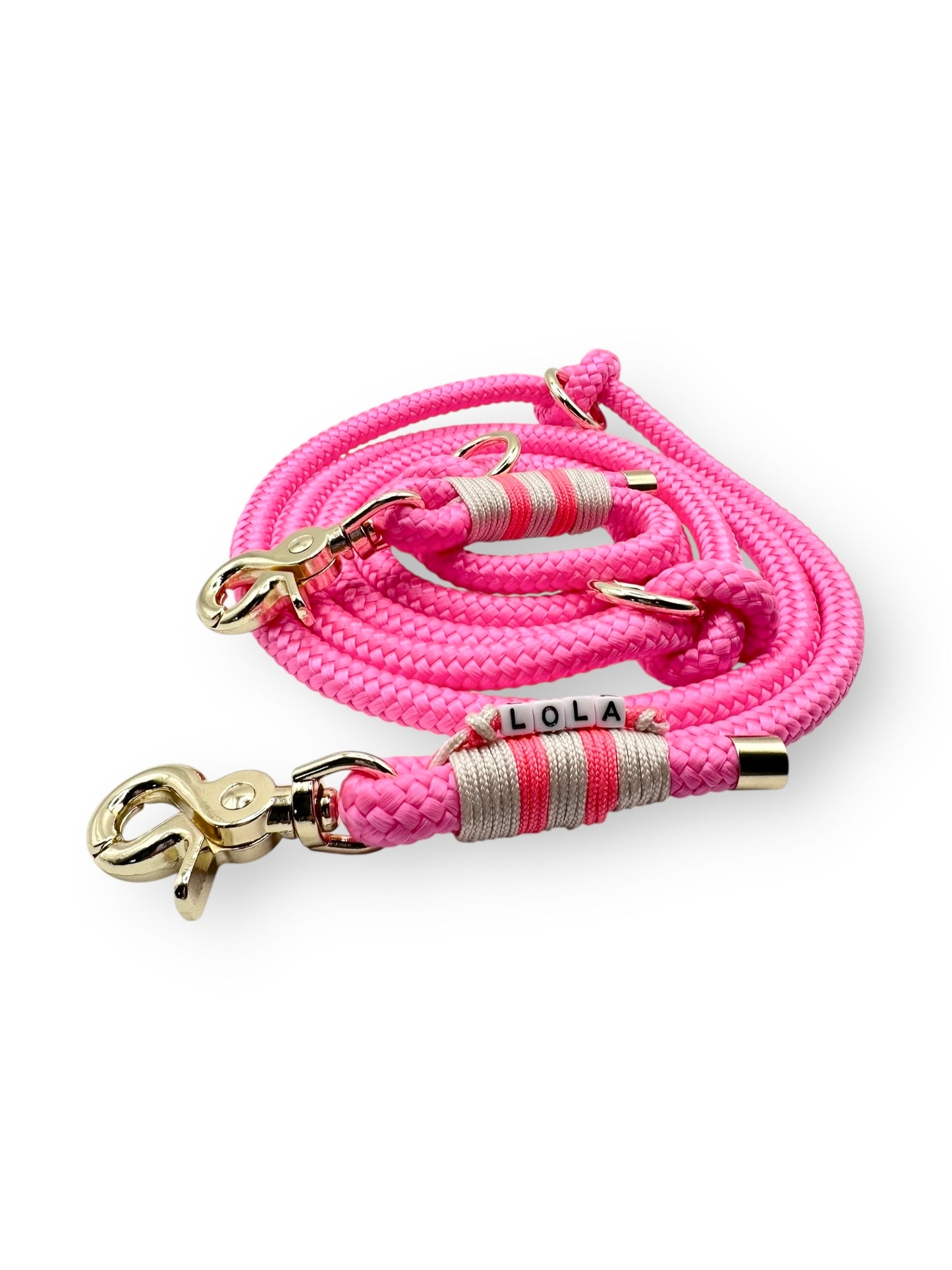 Hundeleine aus Tau in Neon rosa und cream Mit goldenen Details