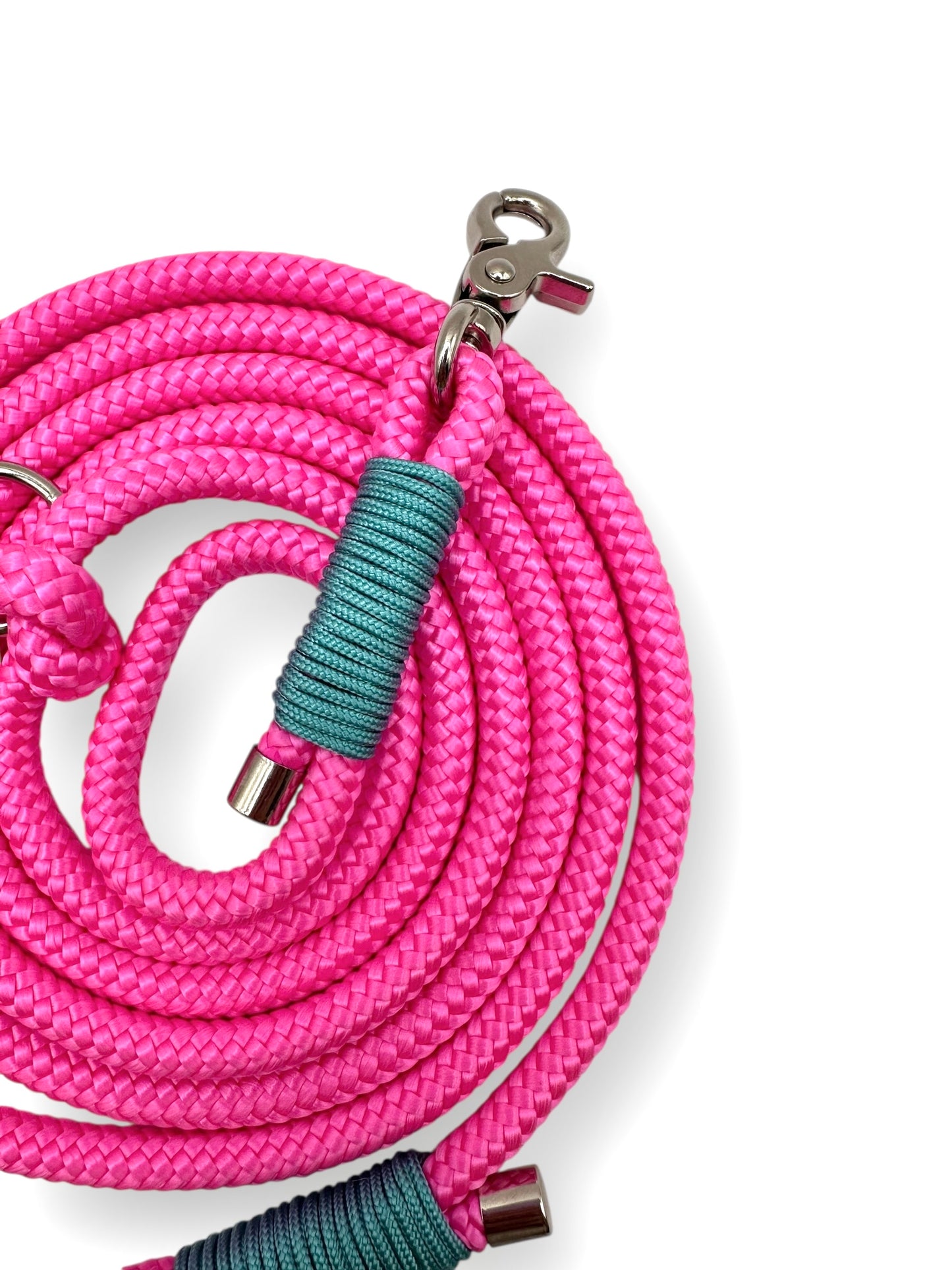 Tauleine für Hunde in Neon rosa pink und blauen türkisen Details. Personalisierbar im Länge, Breite, Gewicht und Namen.