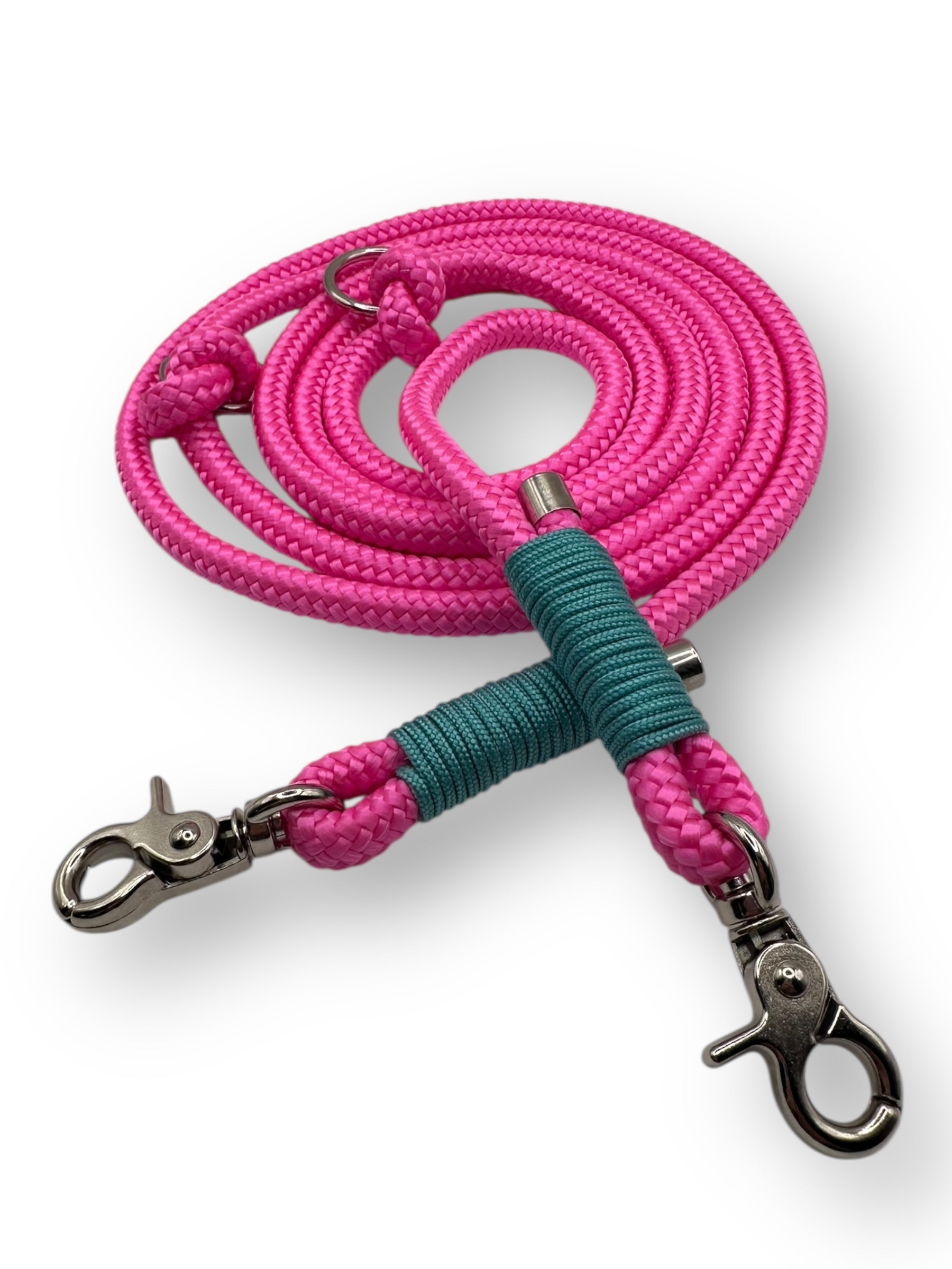 Tauleine für Hunde in Neon rosa pink und blauen türkisen Details. Personalisierbar im Länge, Breite, Gewicht und Namen.