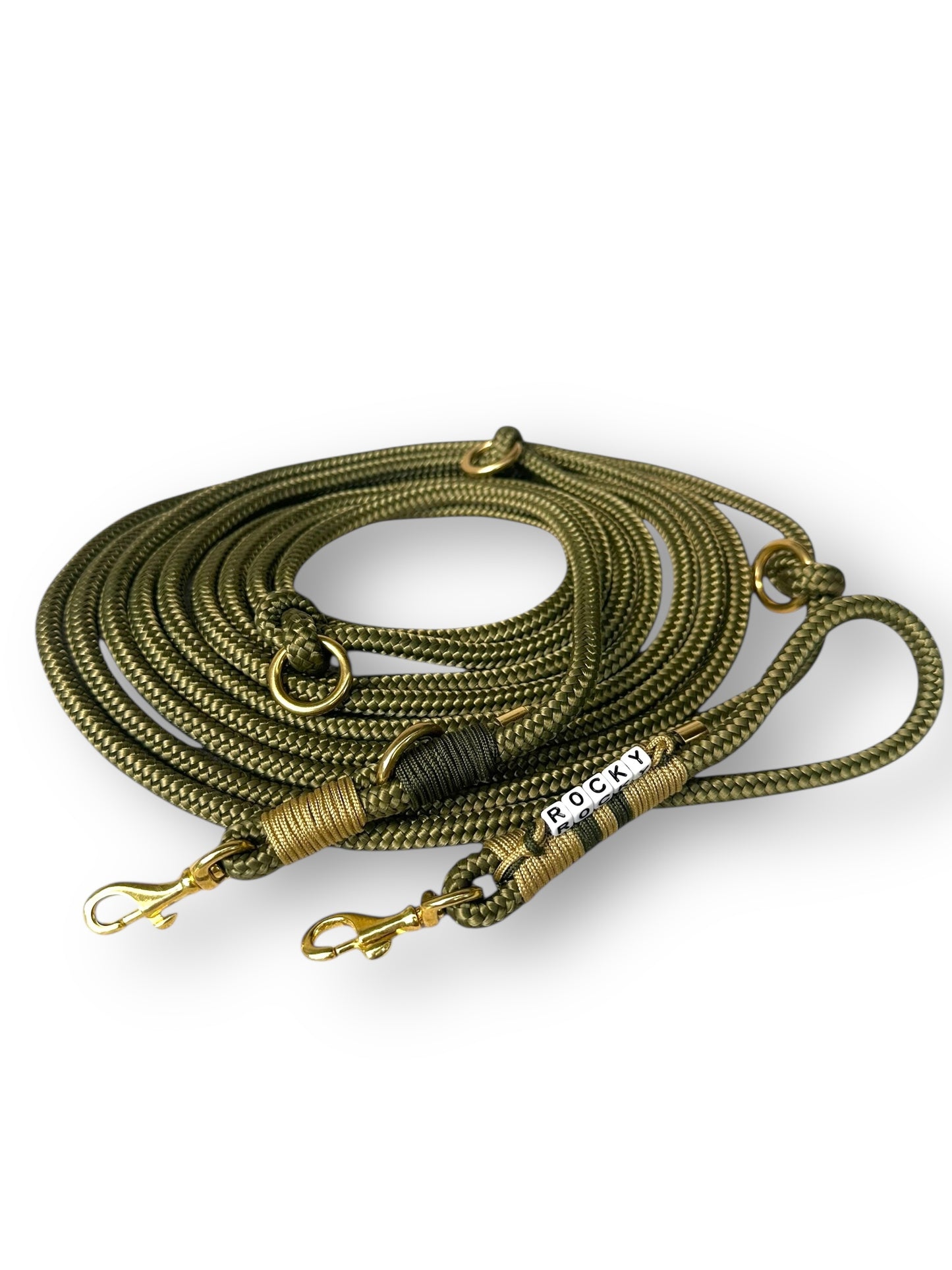 Hundeleine aus 8mm starken Tau in der Farbe militäry grün und Gold 