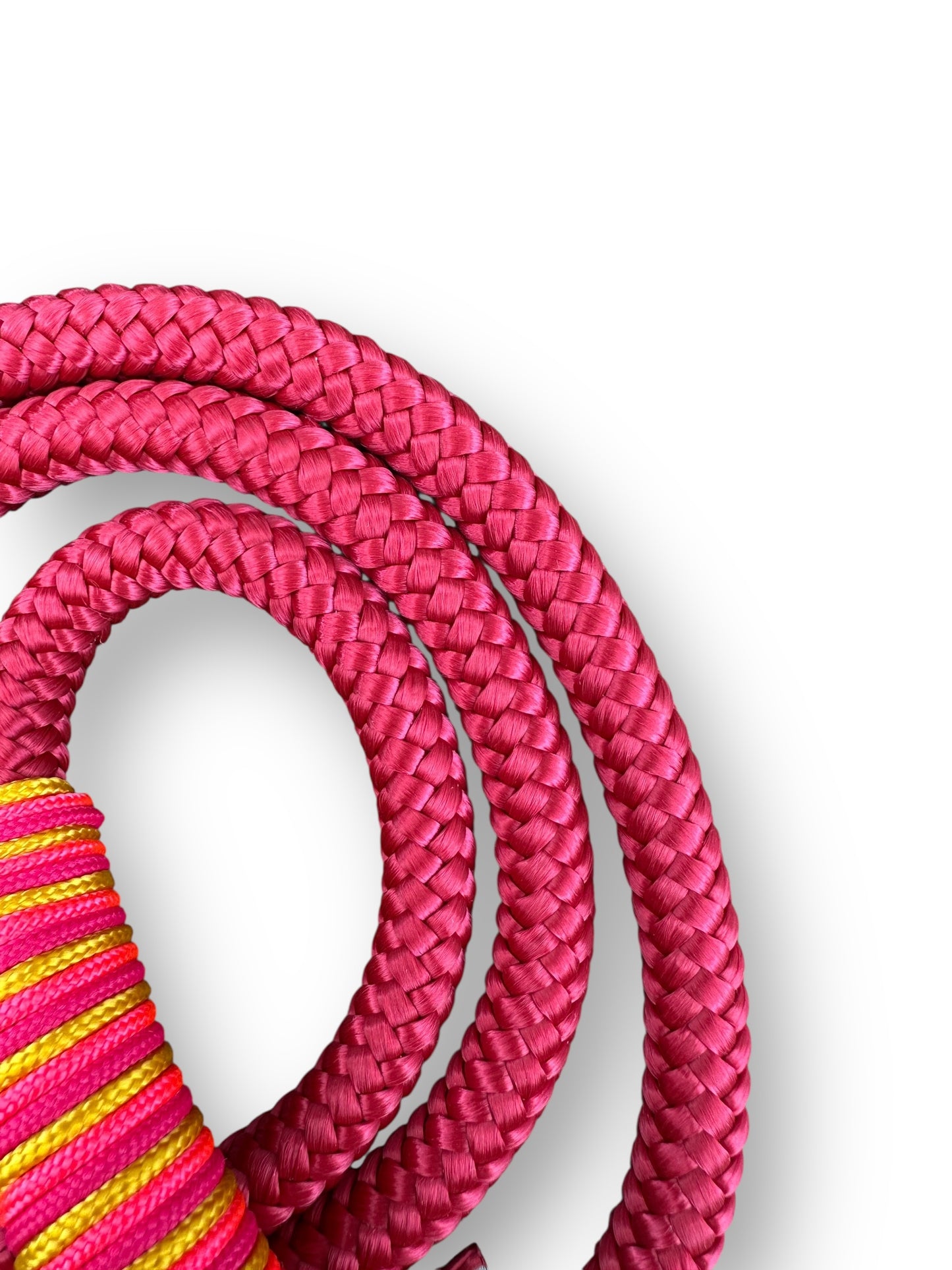 Hundeleine aus 10mm starken Tau in Himbeere rot mit gelben und Neon Details - Detaiansicht seil