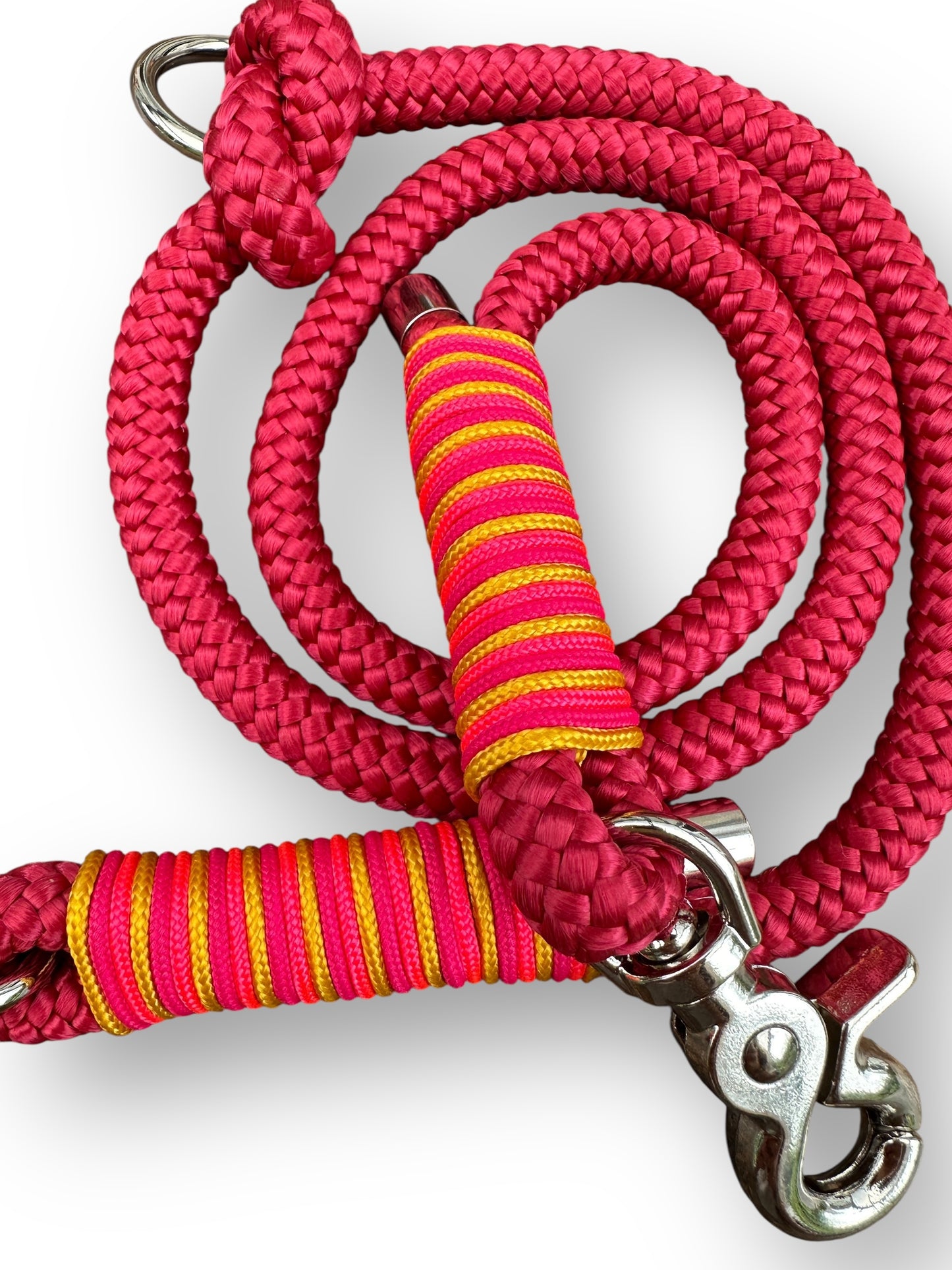 Hundeleine aus 10mm starken Tau in Himbeere rot mit gelben und Neon Details - Draufsicht